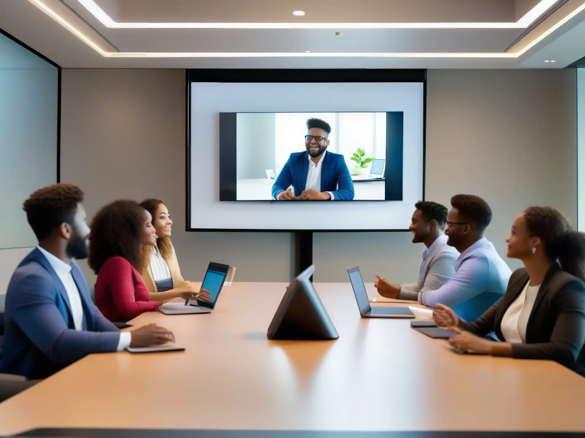 Videoconferencia dinámica de profesionales y estudiantes en sala moderna Una sala de reuniones moderna y brillante, llena de profesionales y estudiantes participando en una videoconferencia dinámica