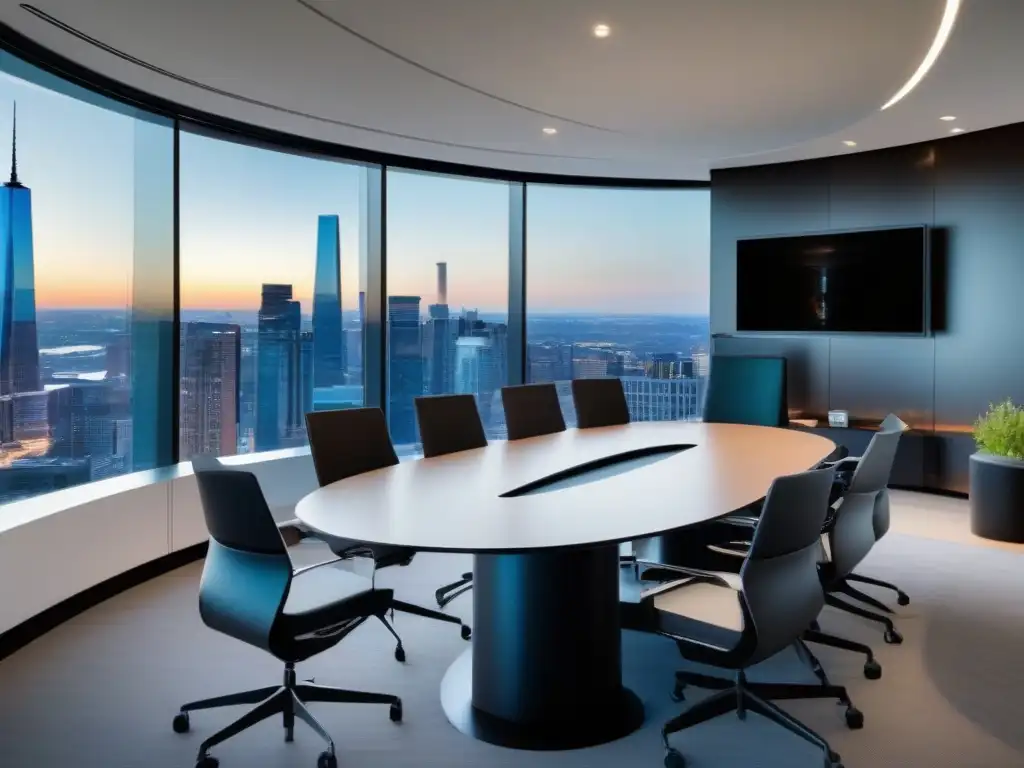 Salón de reuniones moderno con tecnología de videoconferencia de vanguardia Una sala de reuniones moderna y elegante con tecnología avanzada de videoconferencia, con vistas a la ciudad