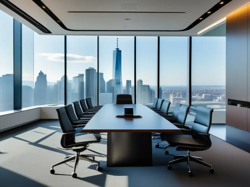 Sala de reuniones moderna con vista a la ciudad y tecnología de vanguardia Una sala de reuniones moderna con herramientas de videoconferencia para equipos ágiles, decoración elegante y vistas panorámicas de la ciudad