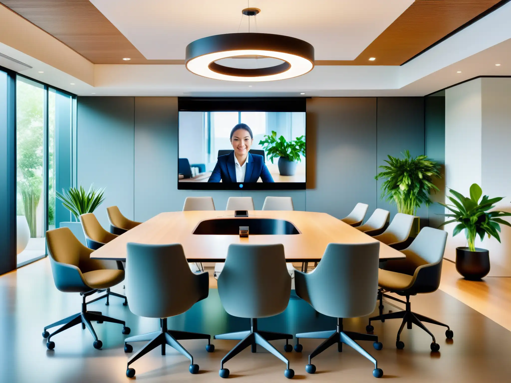 Sala de reuniones profesional con videoconferencia de alta resolución Una sala de reuniones moderna y profesional con soluciones escalables de videoconferencia para PYMES