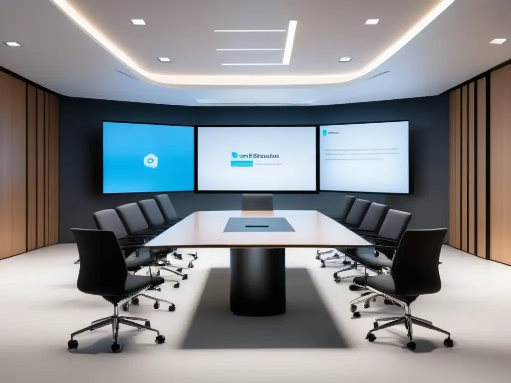 Configuración profesional para videoconferencias seguras Una sala de reuniones moderna y segura para videoconferencias que cumple normativas protección datos
