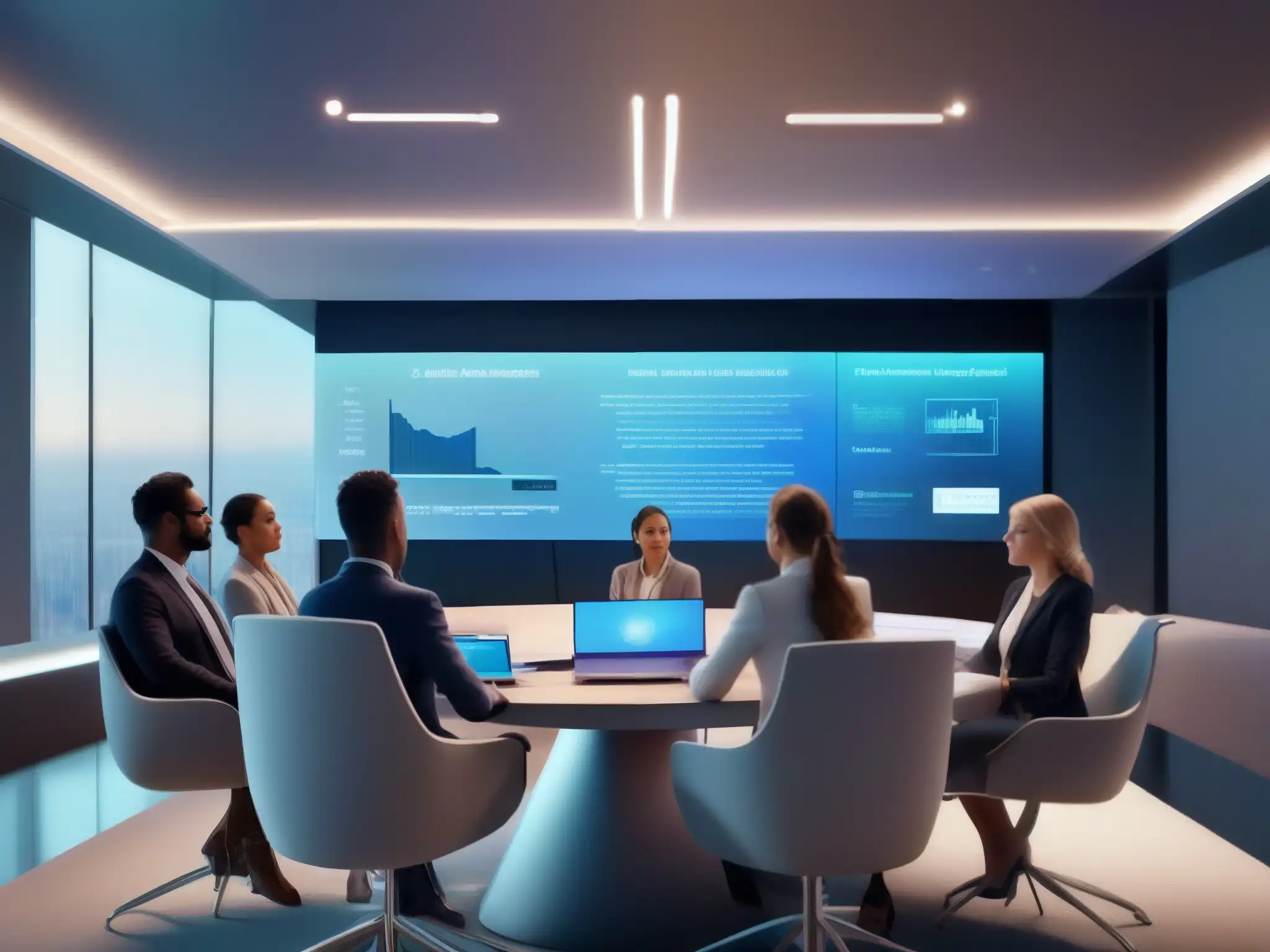 Reunión virtual de alta tecnología: IA gestionando la agenda Una sala de reuniones virtual con automatización de agendas y minutas con IA