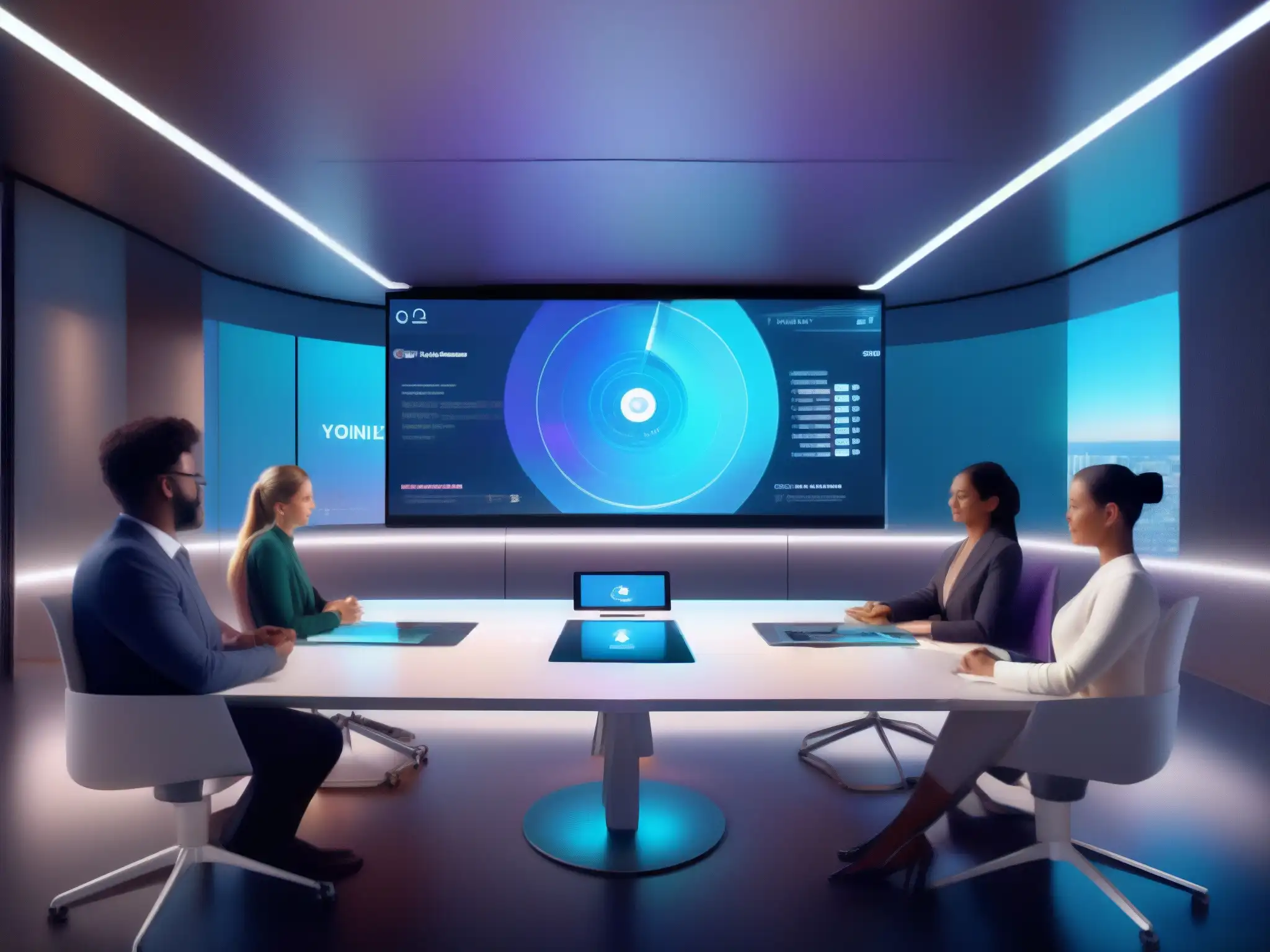 Reunión virtual hightech con IA y colaboración dinámica Una sala de reuniones virtual de aspecto profesional con un diseño futurista