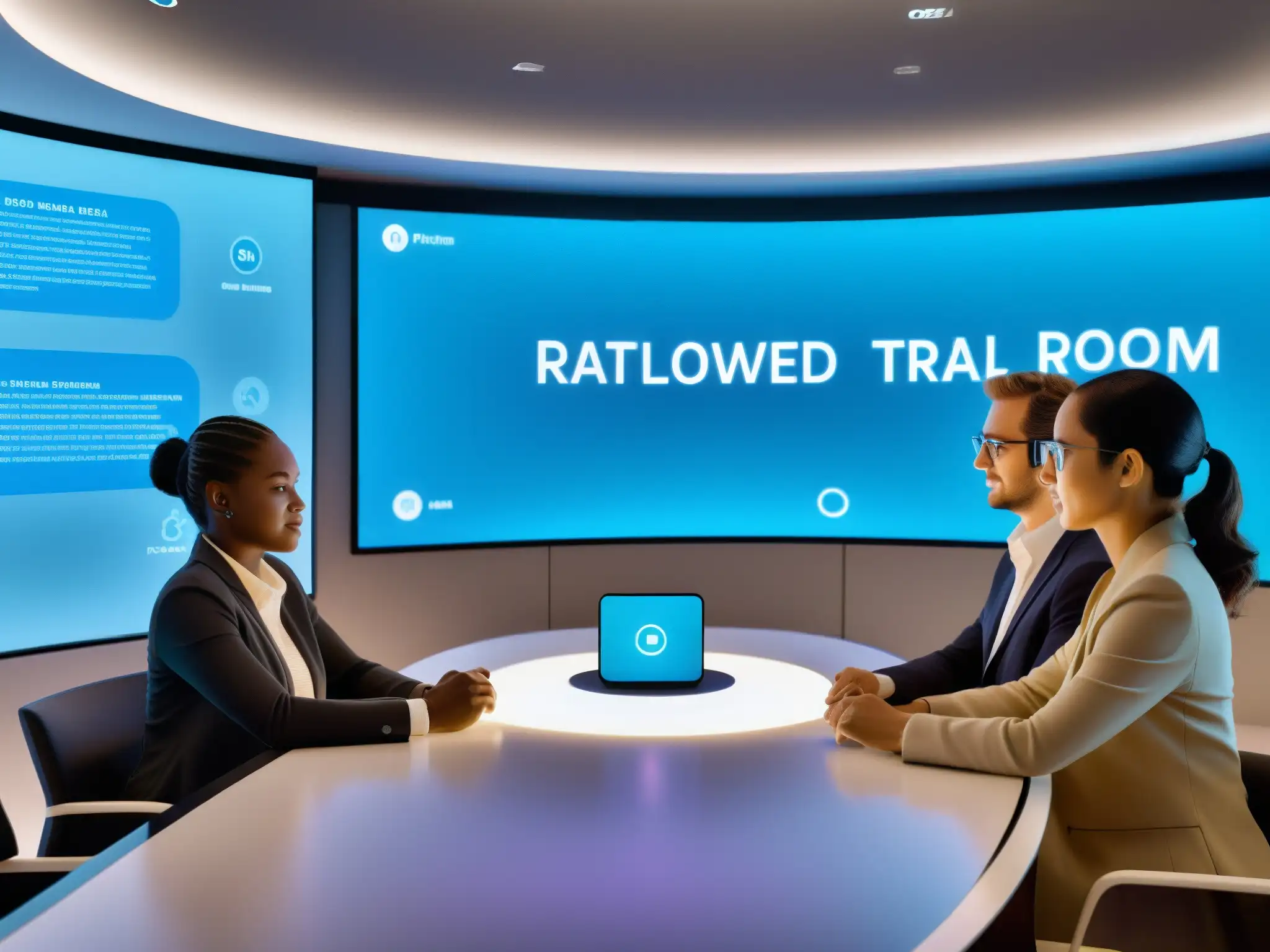 Sala de reuniones virtual futurista con IA y análisis en tiempo real Una sala de reuniones virtual de alta resolución, con características de Inteligencia Artificial revolucionaria para videoconferencias y reuniones