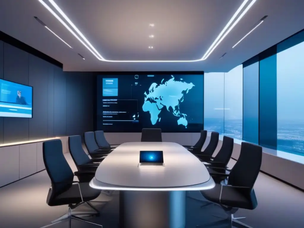 Sala de reuniones virtuales futurista con tecnología de vanguardia Una sala de reuniones virtual futurista con pantallas digitales transparentes que muestran participantes de videoconferencias
