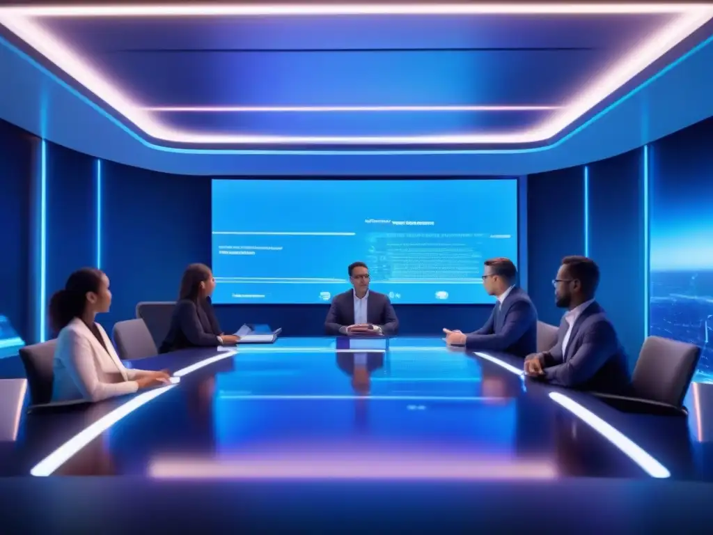 Una sala de reuniones virtual futurista en 8k, con profesionales en una videoconferencia, proyecta seguridad y tecnología de vanguardia