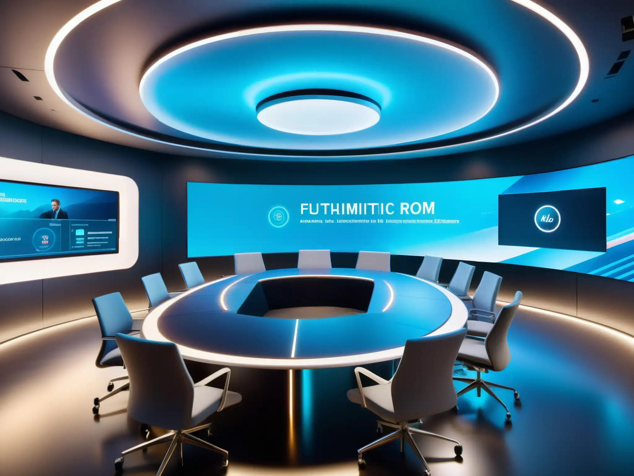 Sala de reuniones virtuales futurista en 8k Una sala de reuniones virtual futurista con tecnología holográfica y protocolos de videoconferencias seguras para profesionales en pantalla