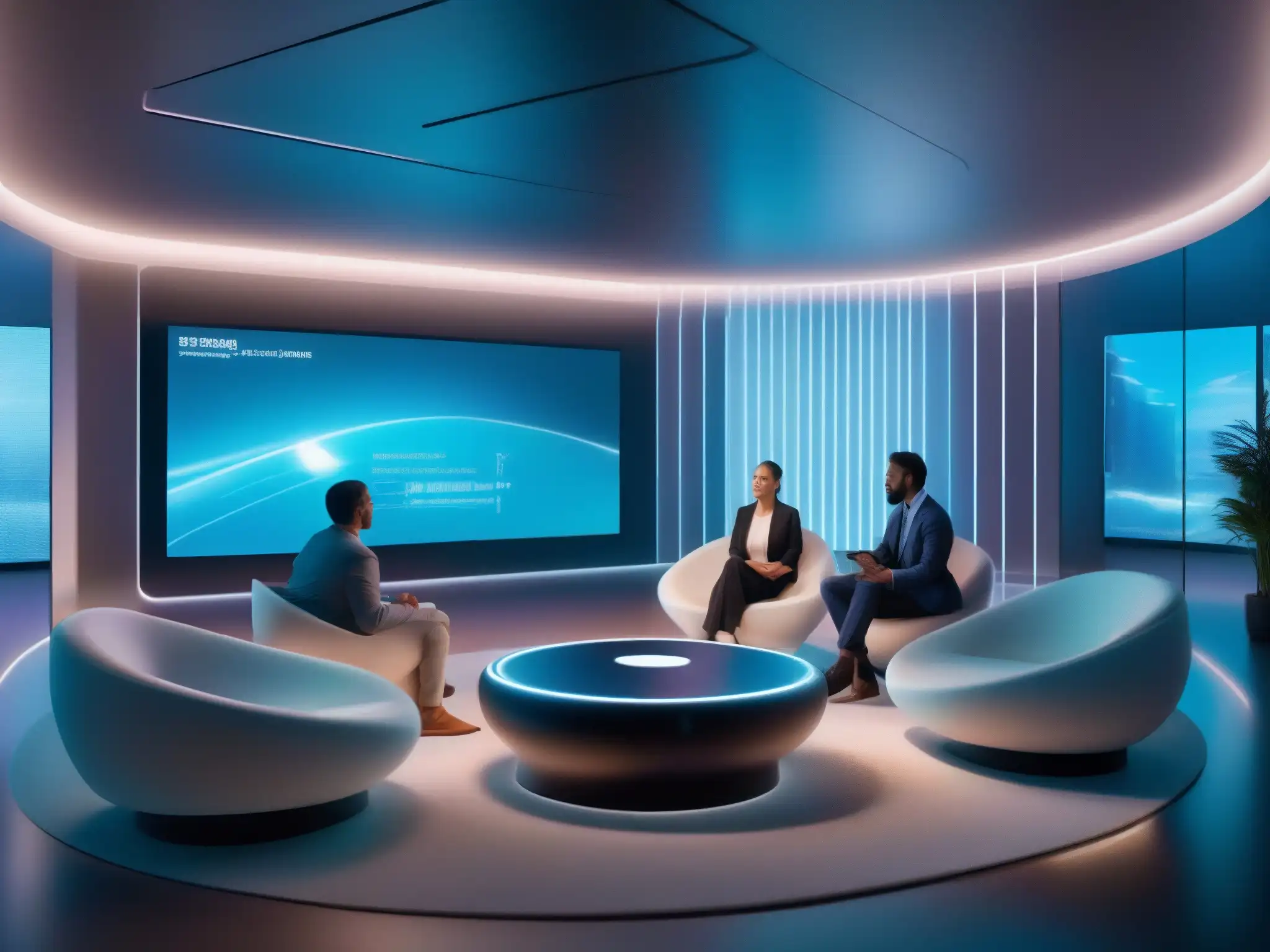 Sala de reuniones virtuales futurista en 8K Una sala de reuniones virtual futurista en 8K con tecnología de realidad aumentada para videoconferencias en startups, elegante y vanguardista