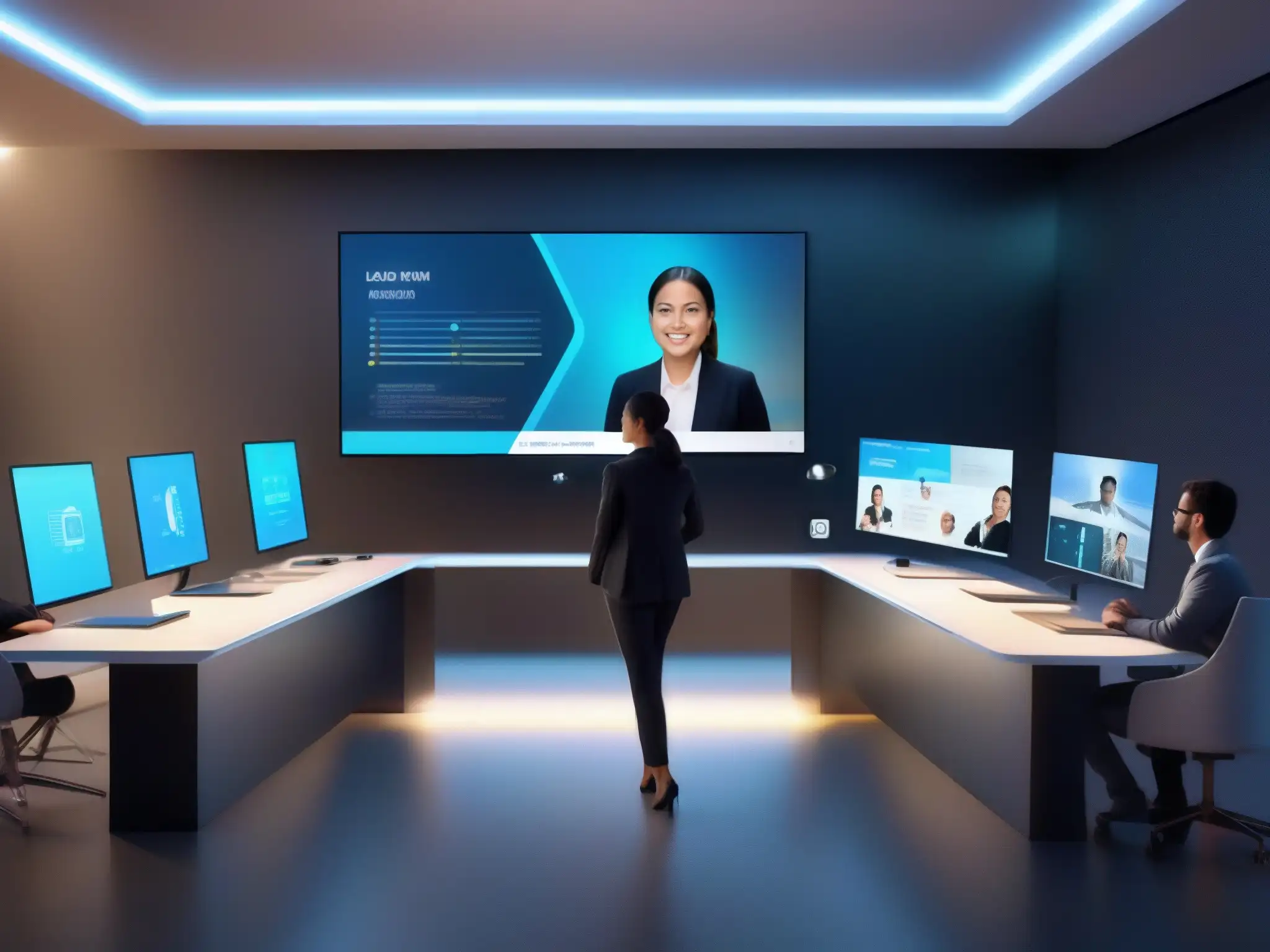 Sala de reuniones virtual con IA: traducción en tiempo real, avatares personalizados, y presentaciones holográficas Una sala de reuniones virtual con inteligencia artificial en videoconferencias, profesionales y estudiantes participando en discusiones productivas