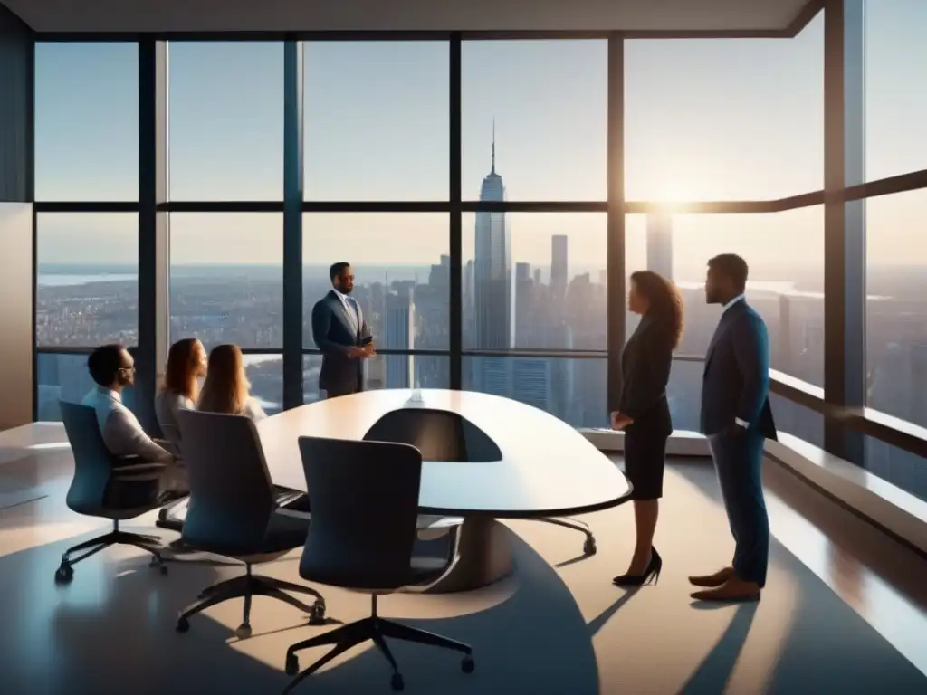 Conferencia virtual en sala moderna con vista a la ciudad Una sala de reuniones virtual con muebles modernos, amplias ventanas con vista a la ciudad y personas profesionales en una videoconferencia