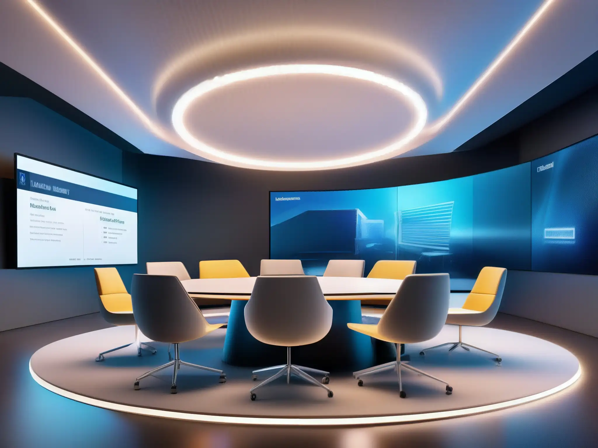 Una sala de reuniones virtual con personalización de fondos y filtros con IA, muebles futuristas y tecnología avanzada en imagen 8K