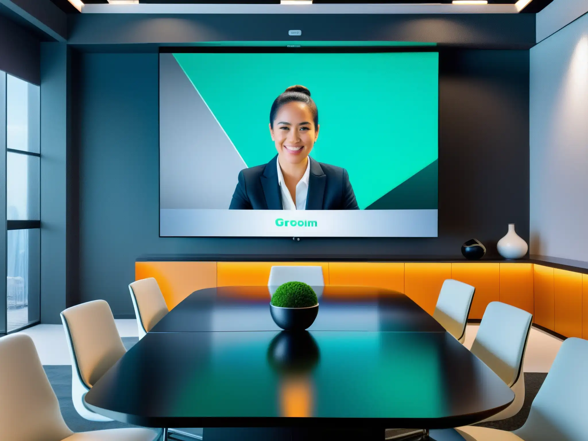 Una sala de reuniones virtual con personalización de fondos y filtros con IA, muebles futuristas y tecnología de vanguardia