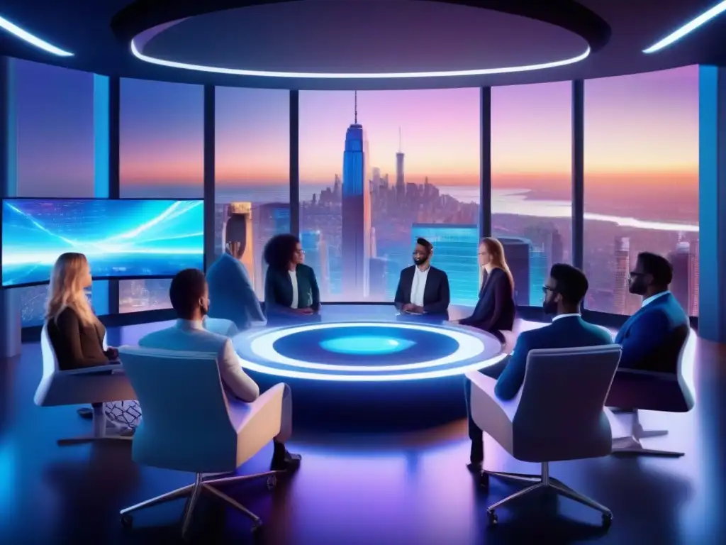 Salón de reuniones virtuales futurista en 8k Una sala de reuniones virtual con tecnología futurista y avatares colaborando, integrando Realidad Virtual en Videoconferencias
