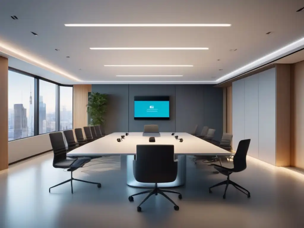 Sala de reuniones virtual: tecnología avanzada y productividad Una sala de reuniones virtual con tecnología avanzada y profesionales diversos, bañada en luz natural