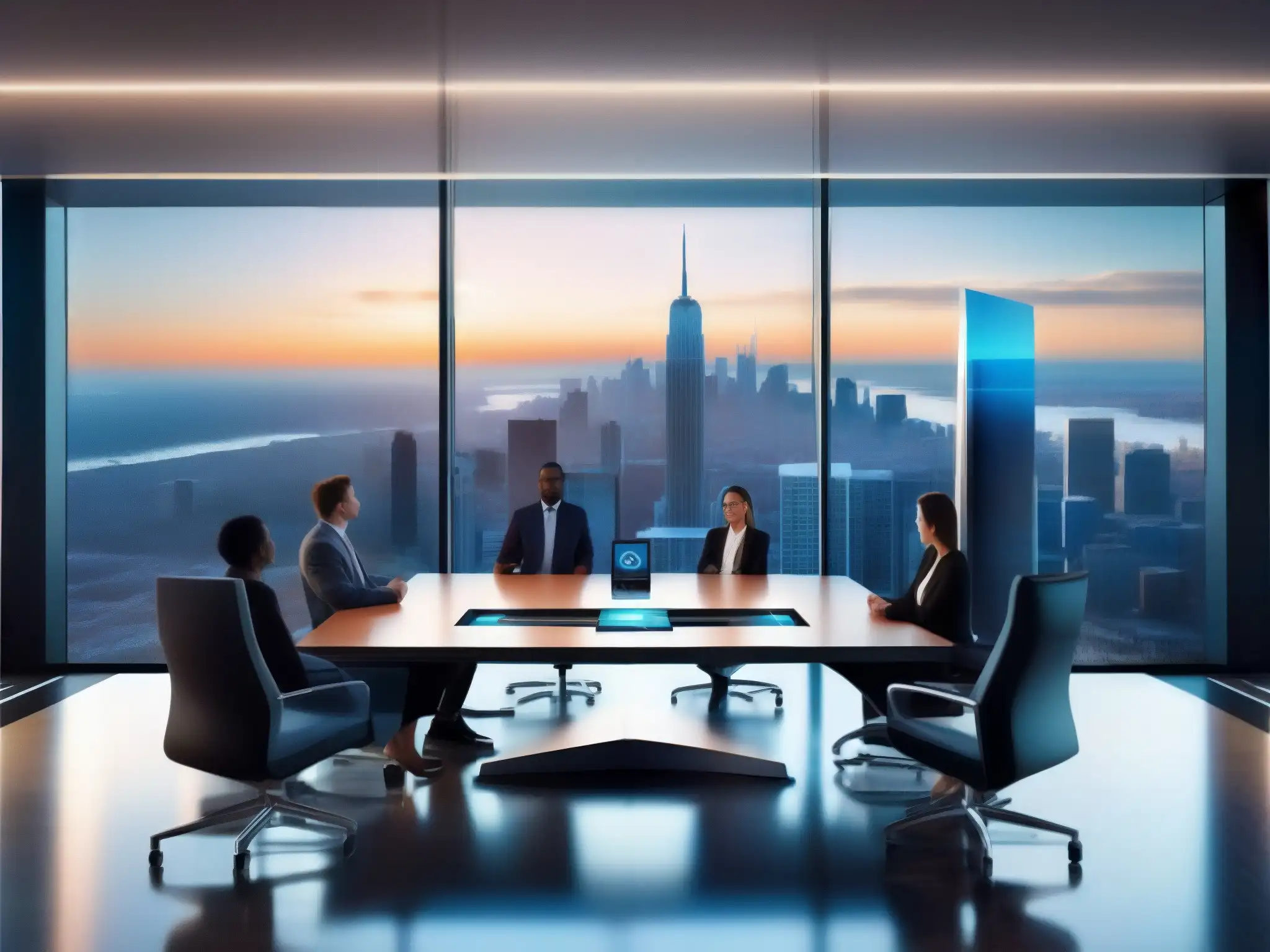Sala de reuniones virtuales futurista con vista panorámica de la ciudad Una sala de reuniones virtuales futurista y elegante con vista a la ciudad