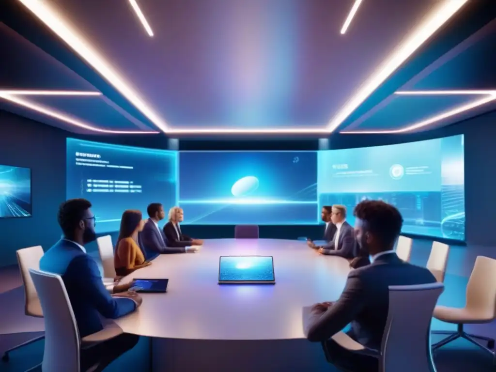 Sala de reuniones virtuales futurista con IA y hologramas Una sala de reuniones virtuales futurista con diseño moderno, hologramas y avatares de IA en videoconferencia