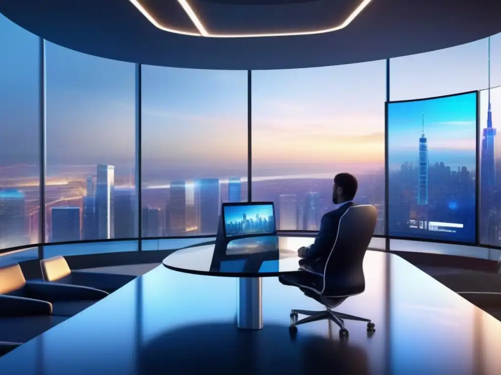 Sala de reuniones virtuales futurista con IA y hologramas Una sala de reuniones virtuales futurista con tecnología AI, videoconferencias y vistas panorámicas de la ciudad