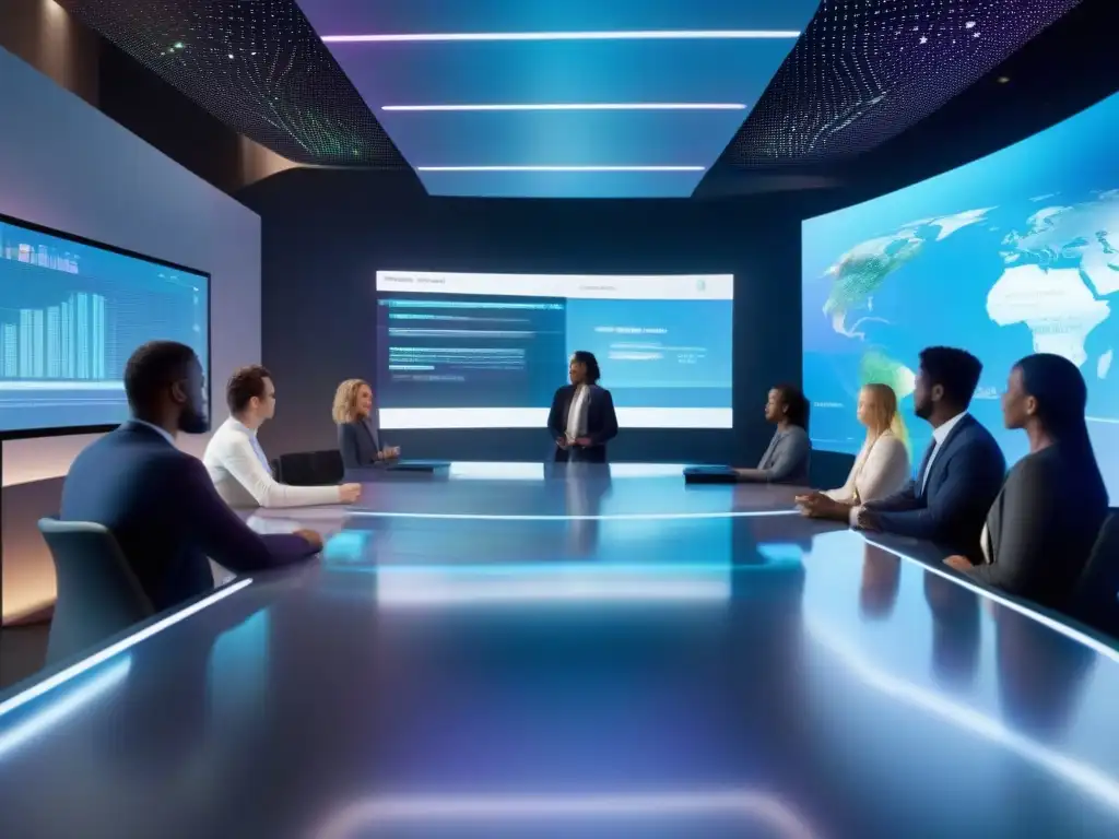Sala de reuniones virtuales futurista con avatares integrados Transformación en videoconferencias IA: Sala de reuniones virtuales futurista con avatares integrados en ambiente digital innovador y eficiente