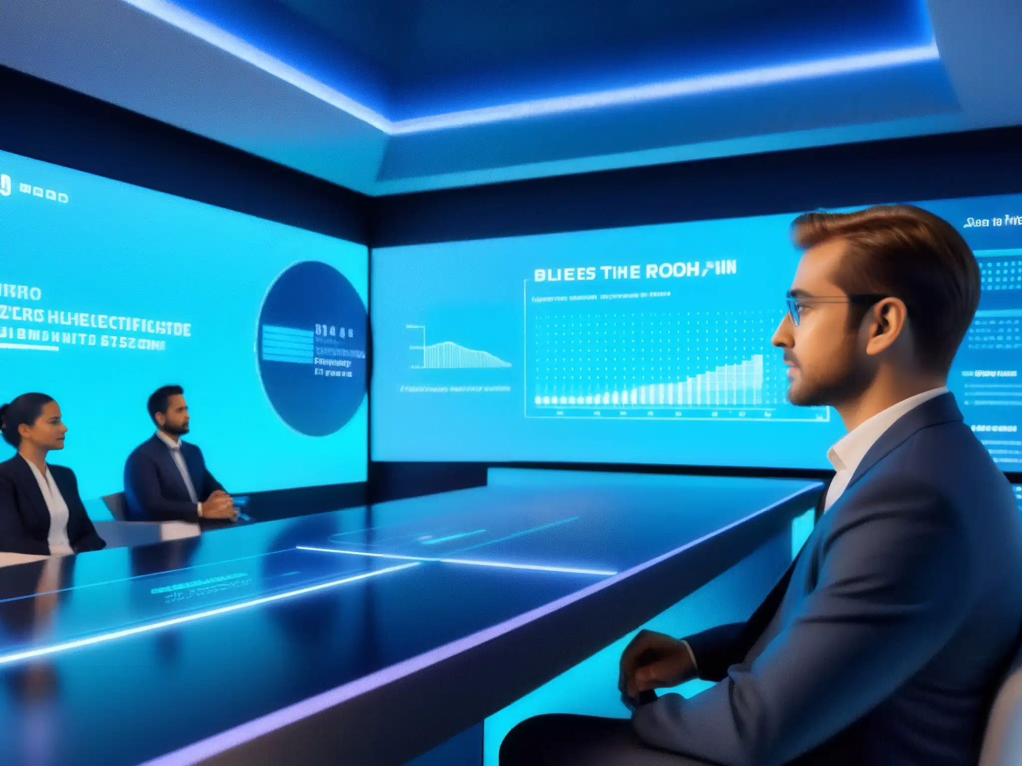 Sala de reuniones virtuales futurista con avatares y gráficos Una sala de reuniones virtuales futurista y elegante con tecnología de vanguardia y avatares participando en un animado debate
