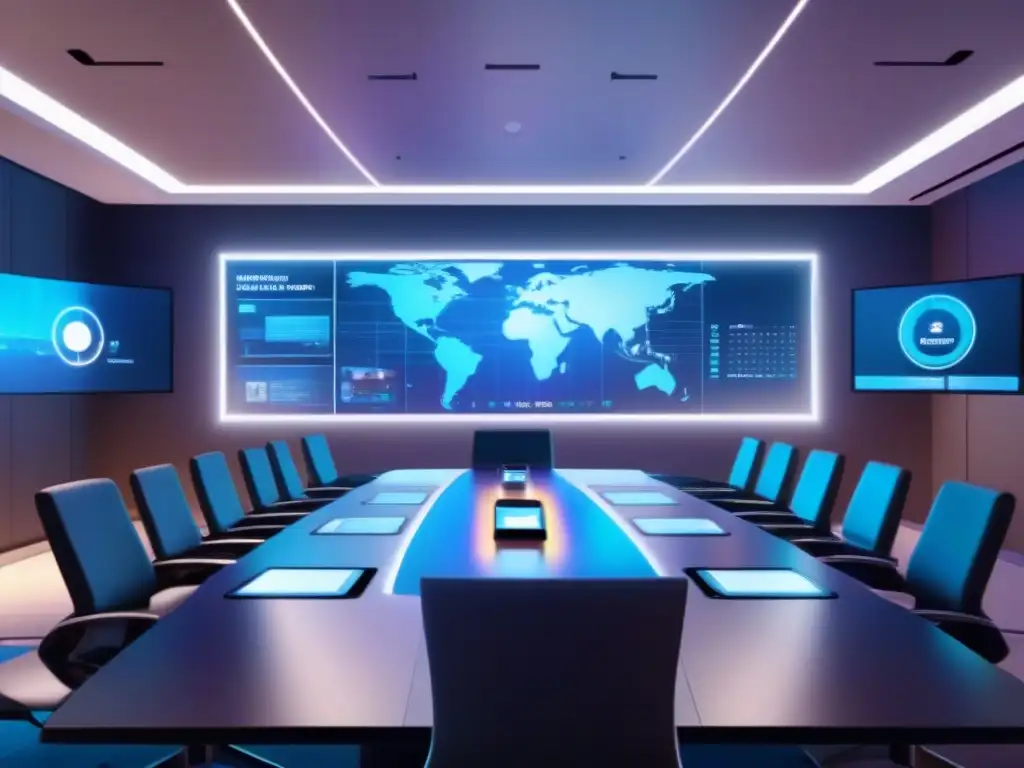 Sala de reuniones virtuales: estilo moderno y eficiente Una sala de reuniones virtuales moderna con pantalla de video en la mesa y gráficos holográficos, ideal para bots para videoconferencias eficientes