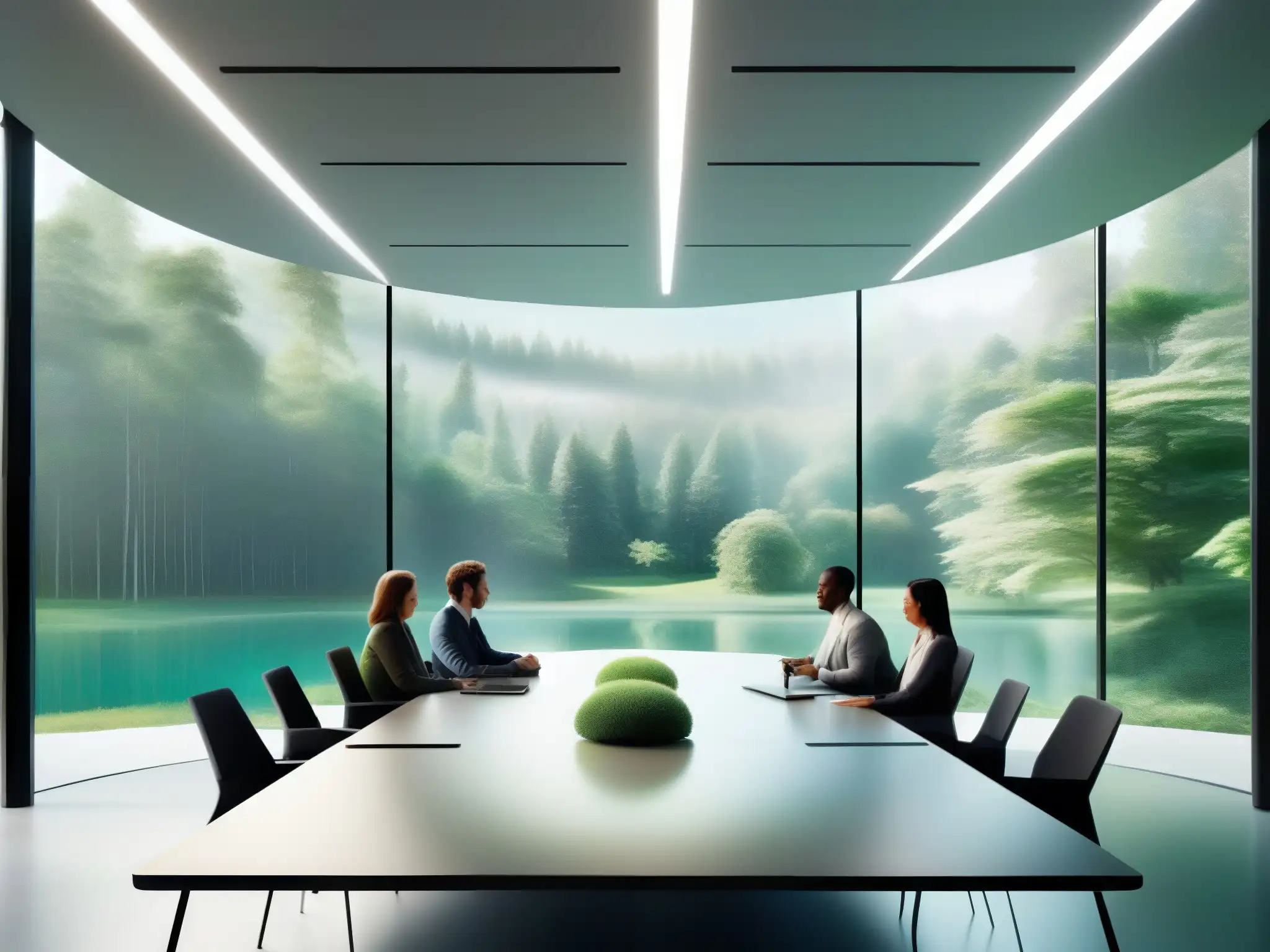 Sala de reuniones virtuales con vista a la naturaleza Una sala de reuniones virtuales con vista a un bosque exuberante