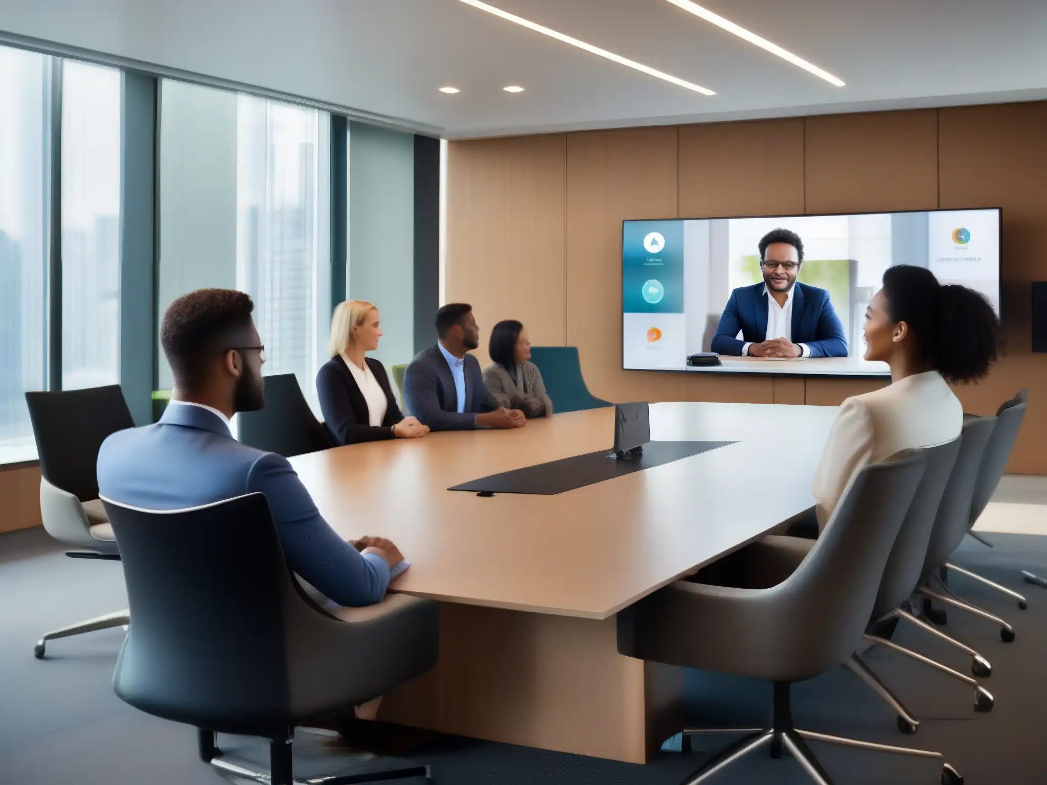 Webinar profesional con StarLeaf: Conferencia virtual de alto nivel Una sala de seminarios contemporánea con equipo audiovisual de vanguardia, mostrando la interfaz amigable de StarLeaf para webinars