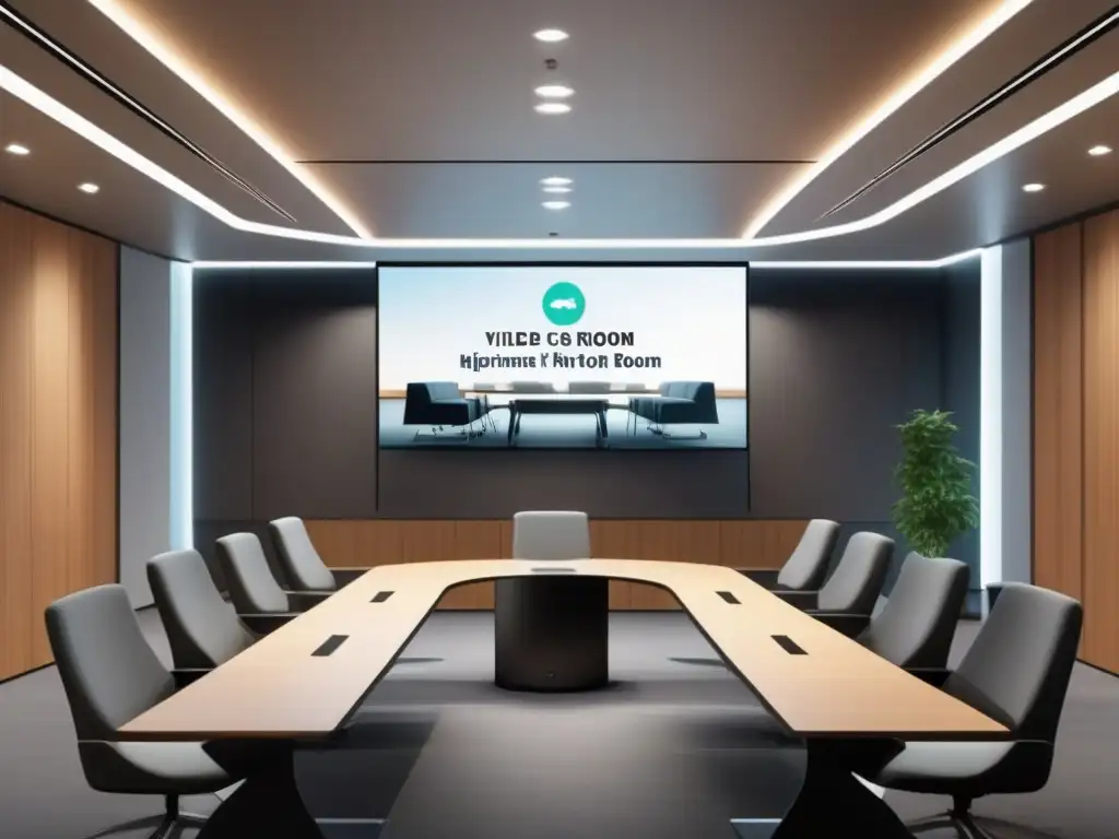 Sala de Seminarios Virtual de Alta Tecnología Una sala de seminarios web virtual sofisticada y acogedora, ideal para seminarios web efectivos en educación continua, con diseño moderno, equipo de videoconferencia de alta tecnología y asientos cómodos, bañada en luz natural