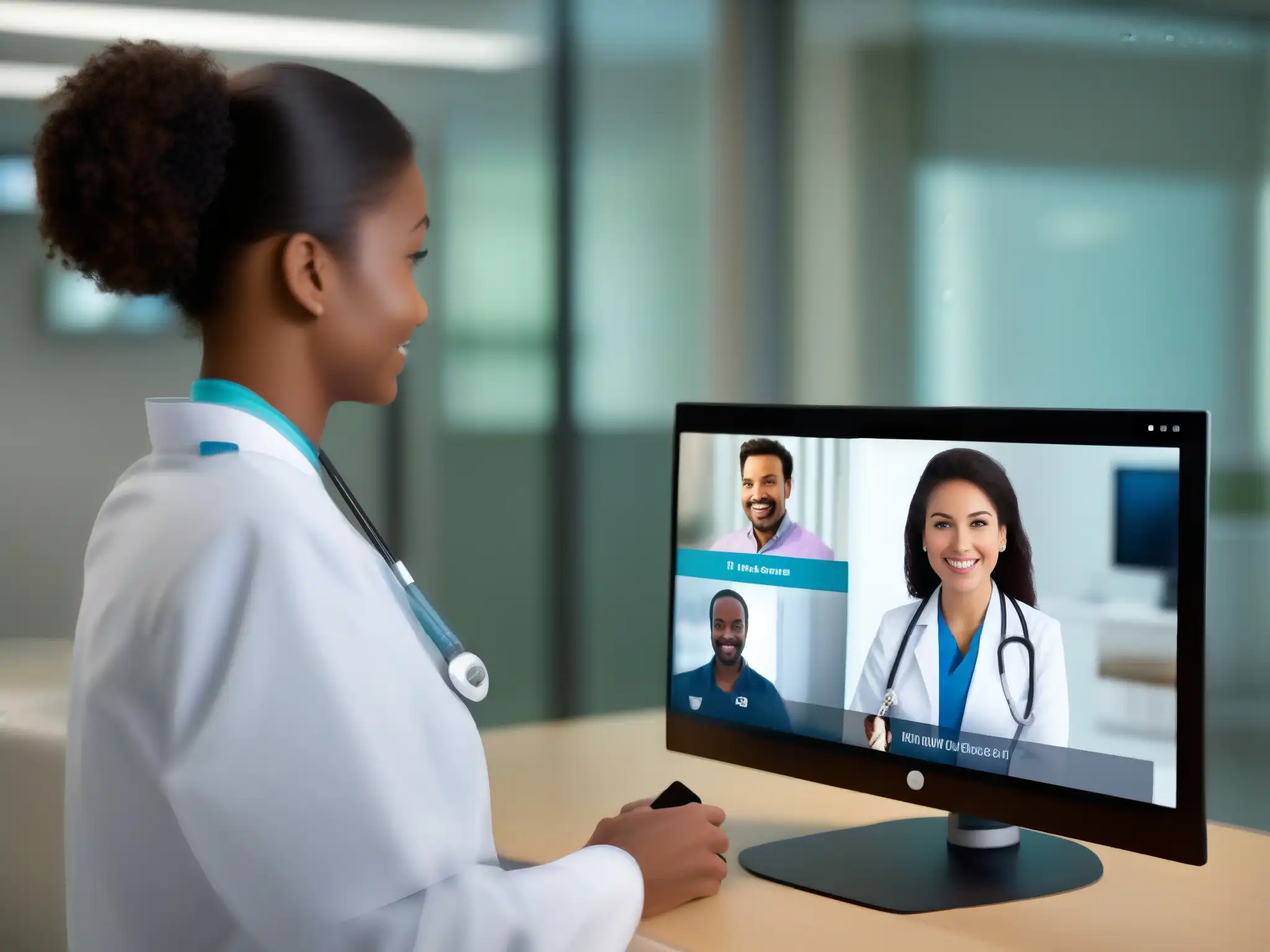 Consultorio de telemedicina moderno con tecnología Pexip Una sala de telemedicina moderna con herramientas de videoconferencia para telemedicina, luz natural y tecnología de vanguardia en uso