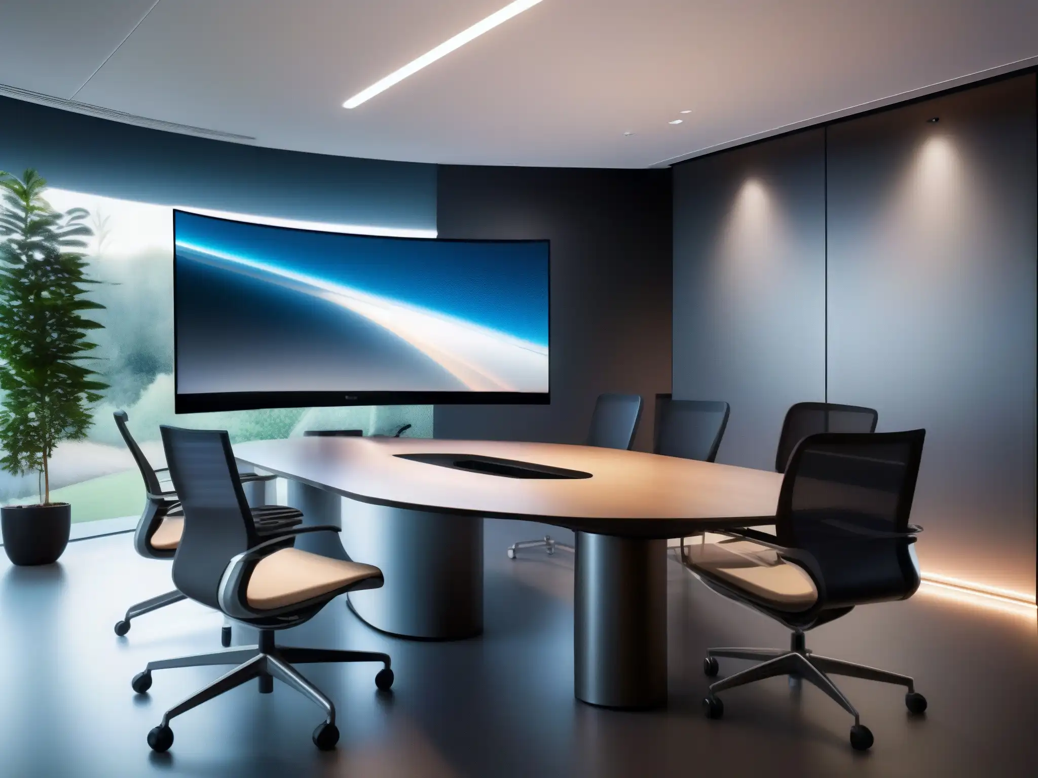 Oficina futurista con videoconferencia de alta tecnología Una sala de videoconferencia futurista y profesional con plataformas de videoconferencia escalables en un entorno de oficina moderno y minimalista
