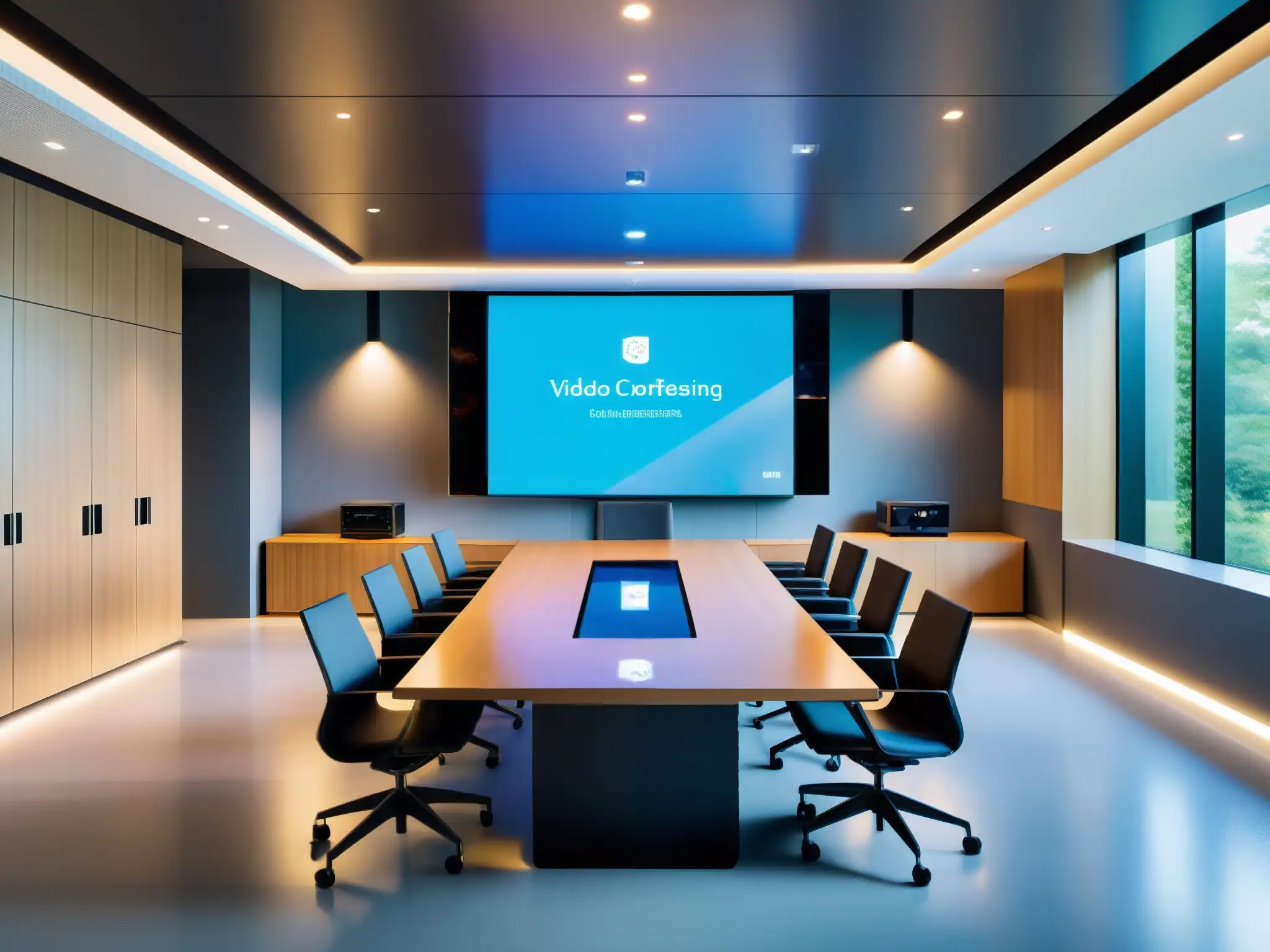 Sala de videoconferencias de alta tecnología: modernidad y profesionalismo Una sala de videoconferencia moderna y elegante con automatización de vanguardia y diseño minimalista