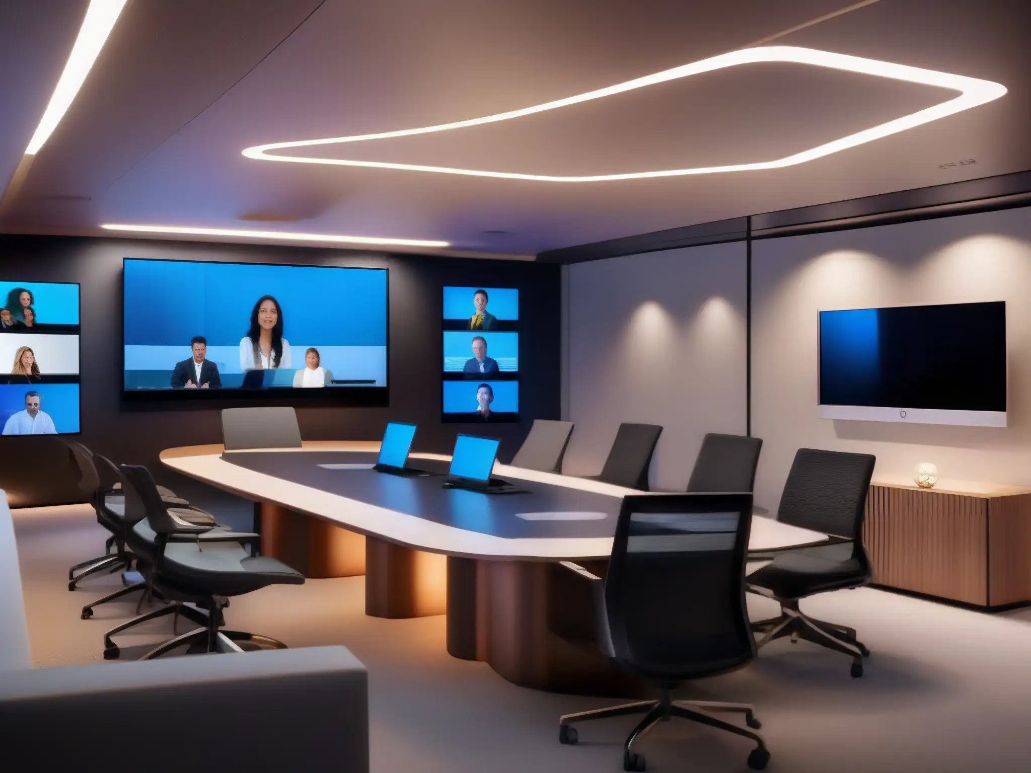 Sala de videoconferencias personalizada con IA avanzada Una sala de videoconferencia virtual con personalización avanzada para cada participante, destacando la IA en reuniones virtuales
