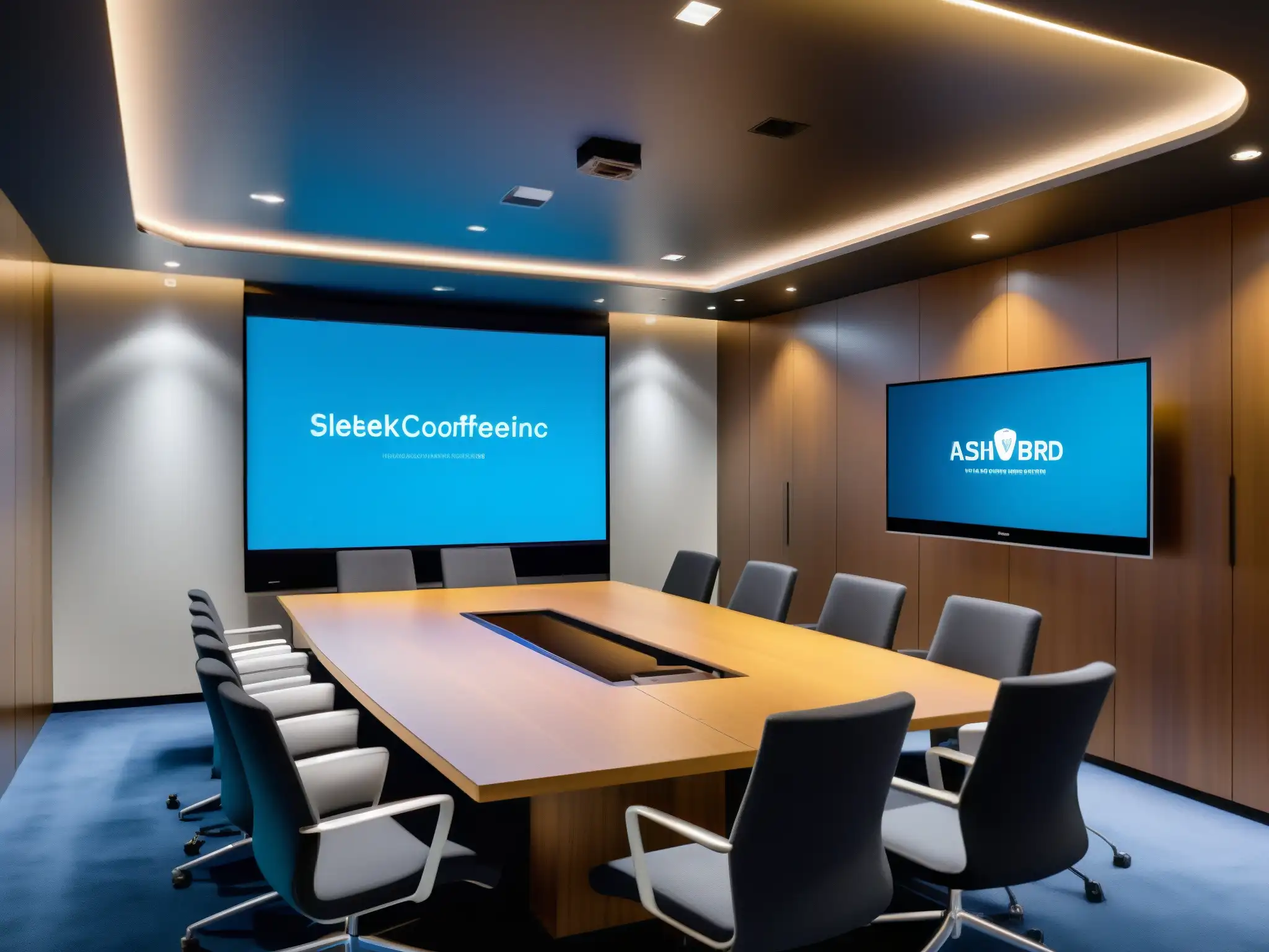 Sala de videoconferencias con asistente virtual AI en acción Una sala de videoconferencias corporativas con tecnología AI, donde una asistente virtual sofisticada facilita una reunión profesional e innovadora