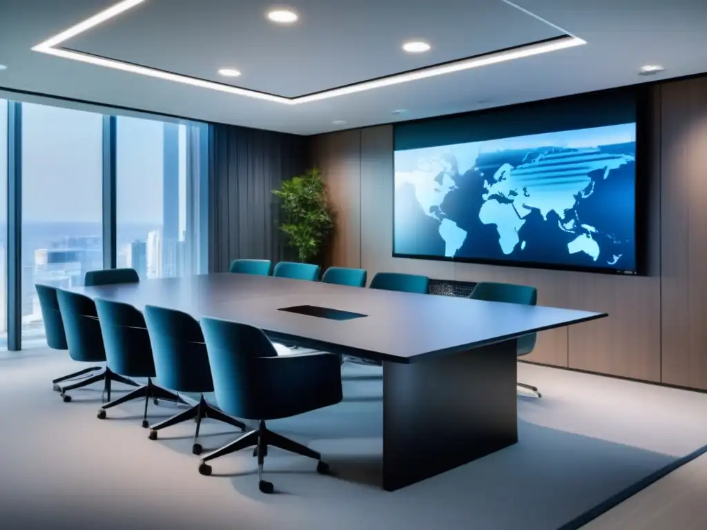Sala de videoconferencias corporativas con seguridad avanzada Una sala de videoconferencias corporativas moderna con diseño minimalista y avanzadas medidas de seguridad