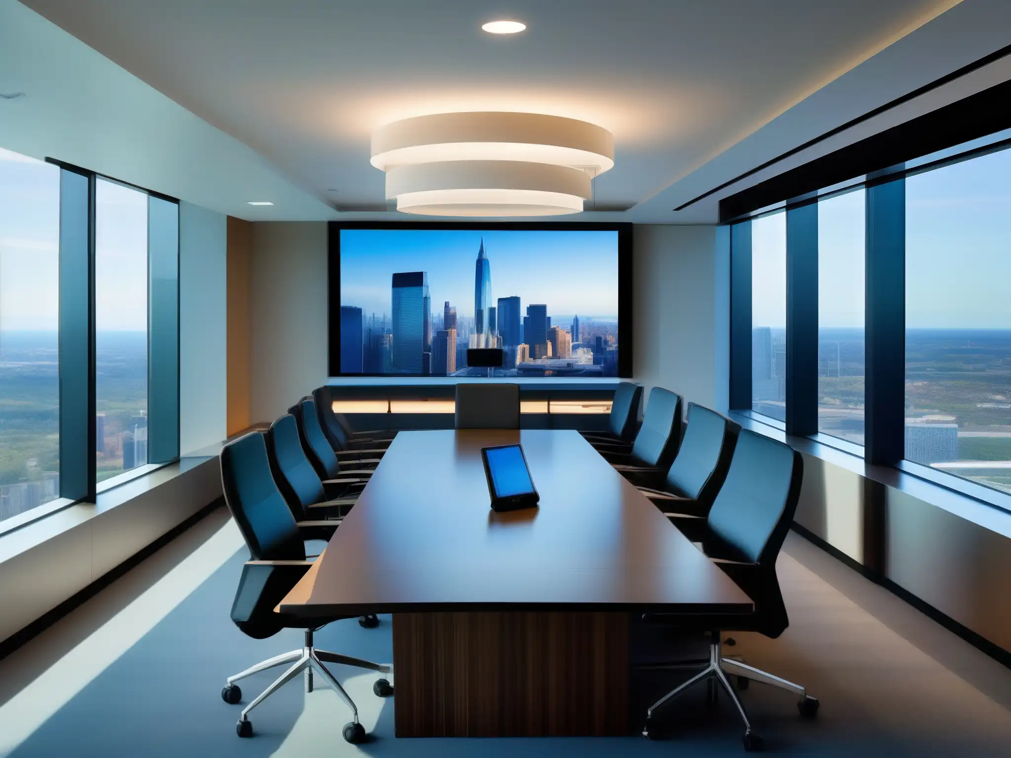 Sala de videoconferencias de lujo en entorno corporativo Una sala de videoconferencias corporativas moderna y sofisticada con tecnología de vanguardia y ambiente profesional