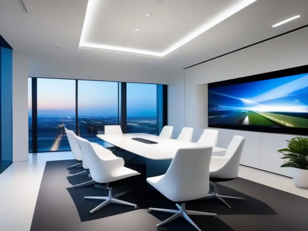 Sala de videoconferencias de diseño futurista con vista panorámica Una sala de videoconferencias de diseño futurista con tendencias tecnológicas para profesionales, elegante y luminosa
