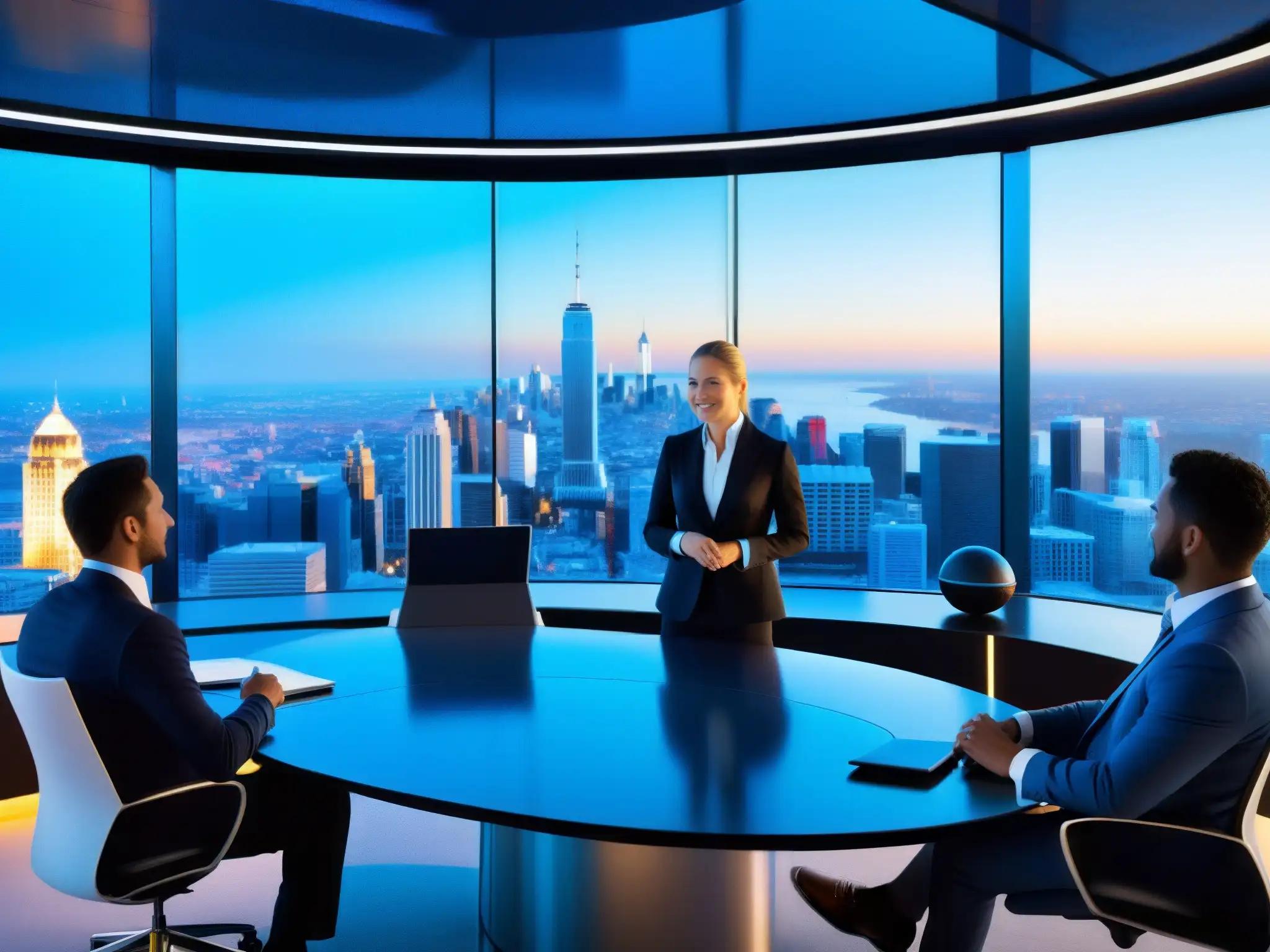 Salón de videoconferencias futurista con tecnología avanzada Una sala de videoconferencias futurista y de alta tecnología con profesionales y protocolos de seguridad para videoconferencias
