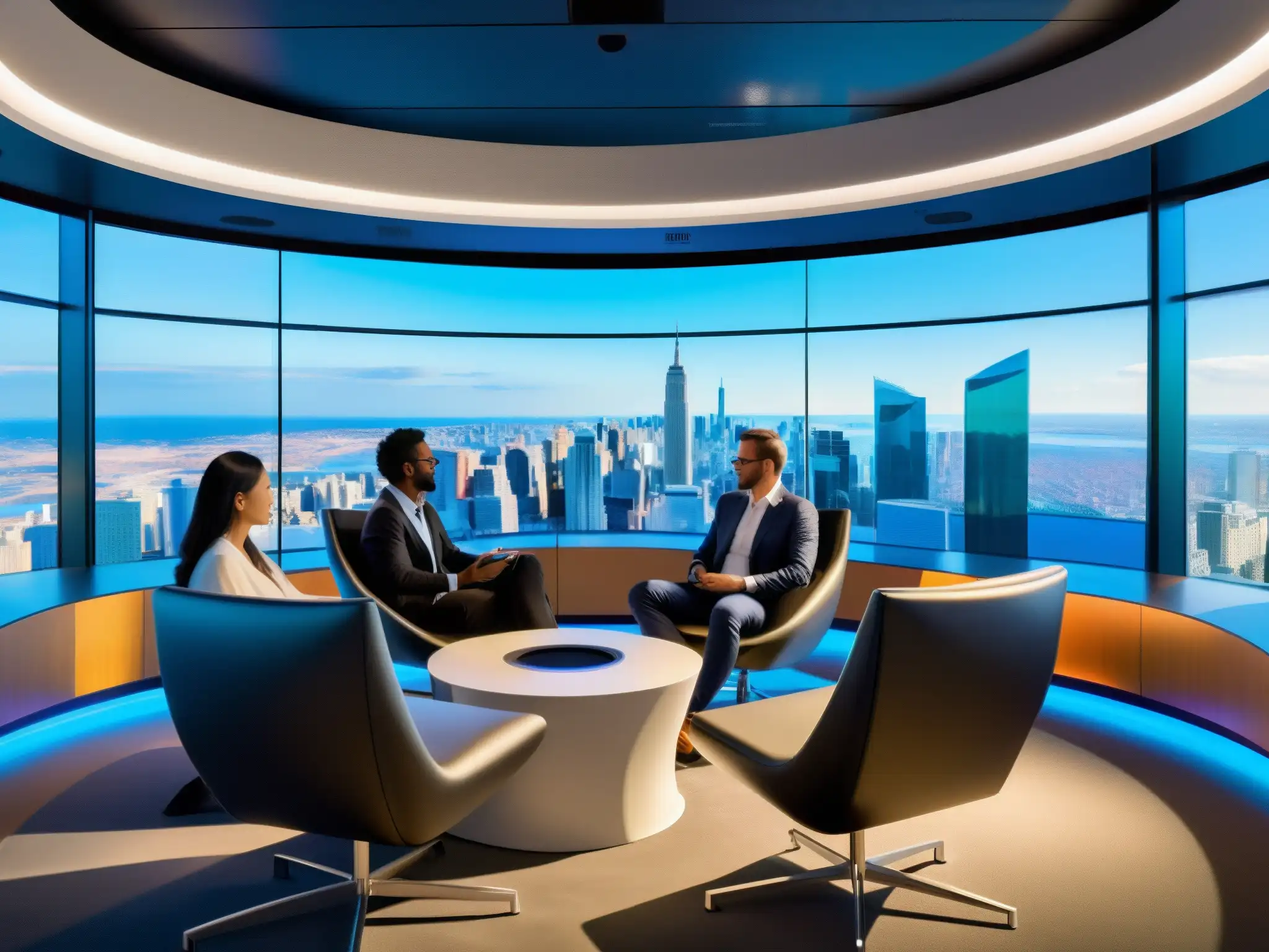 Sala de videoconferencias futurista con subtítulos en vivo y vista panorámica de la ciudad En una sala de videoconferencias futurista con avanzada tecnología de traducción y subtitulado multilingüe, participantes interactúan animadamente, con una pantalla curva grande que muestra subtítulos en tiempo real y una vista panorámica de la ciudad