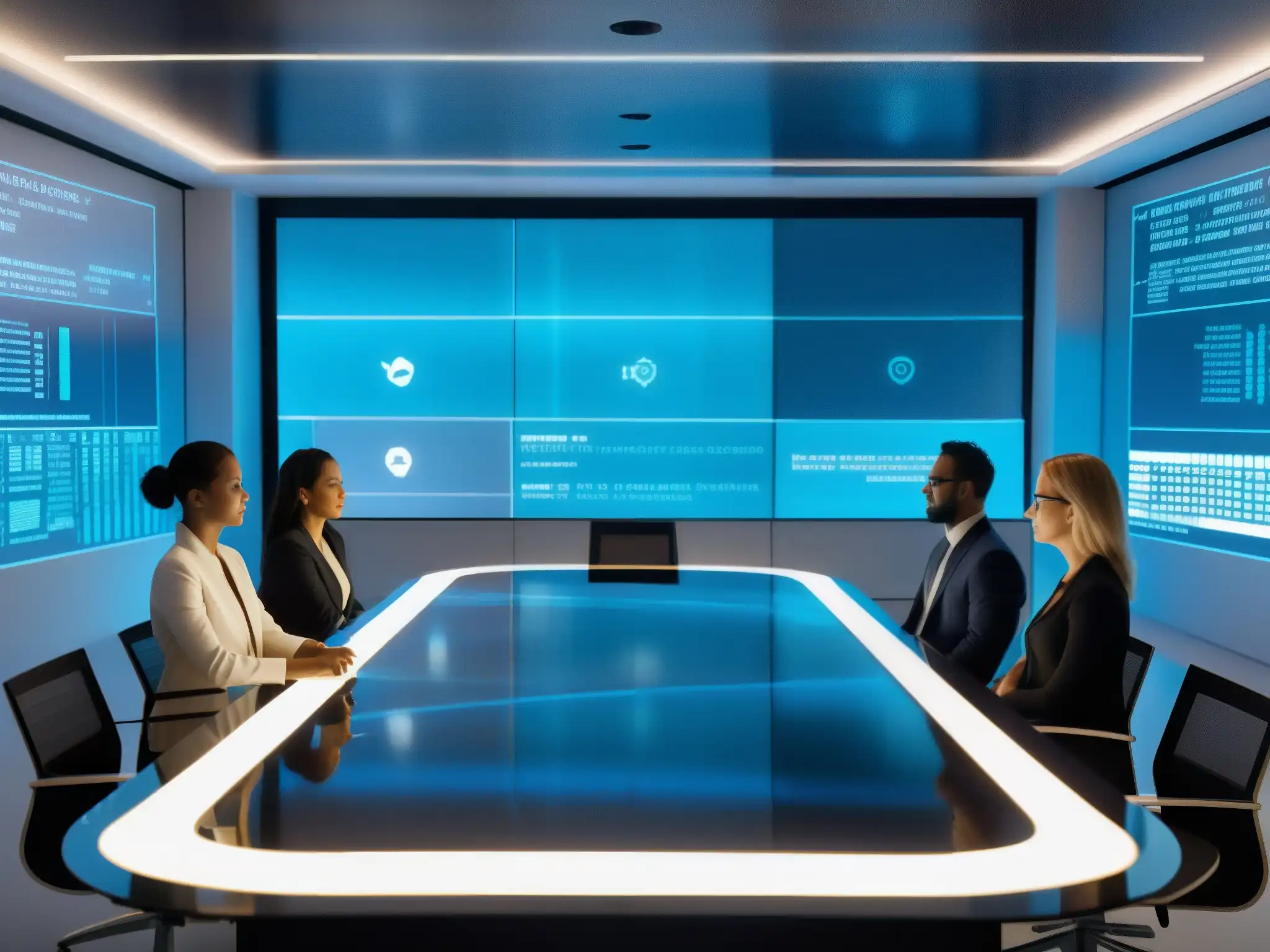 Sala de Videoconferencia Virtual Segura con Antimalware de Vanguardia Una sala de videoconferencias futurista con códigos y protocolos AntiMalware en un ambiente seguro e innovador