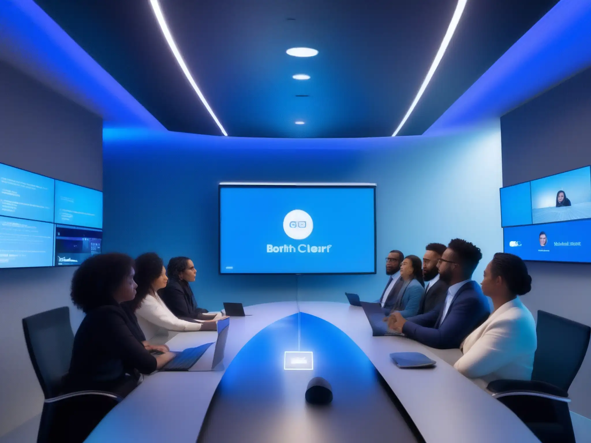 Videoconferencia futurista: tecnología de vanguardia y máxima privacidad Una sala de videoconferencias futurista con diseño minimalista, iluminada en azul y pantallas de alta tecnología