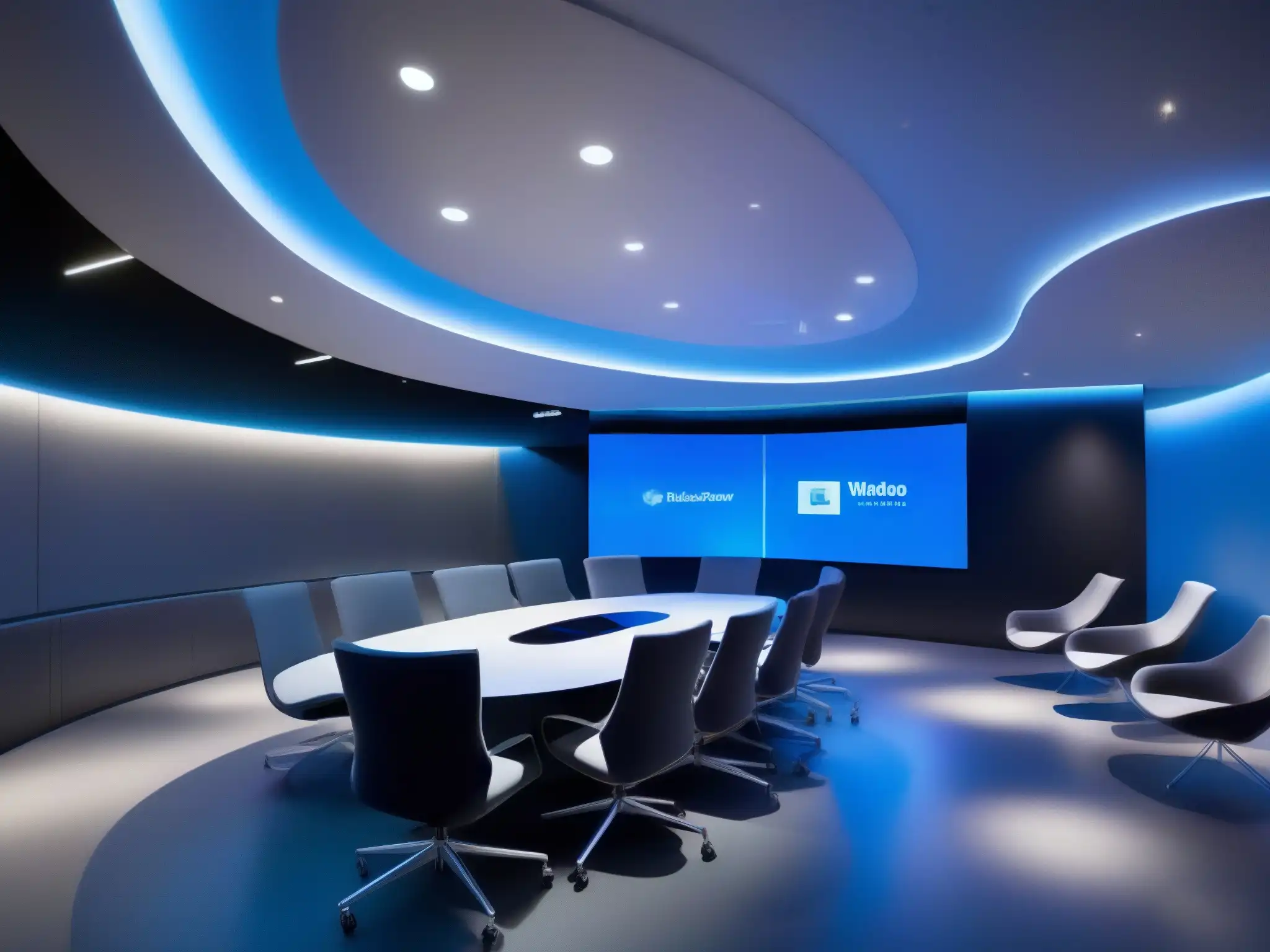 Sala de videoconferencias futurista de alta tecnología Una sala de videoconferencias futurista con diseño minimalista y tecnológico
