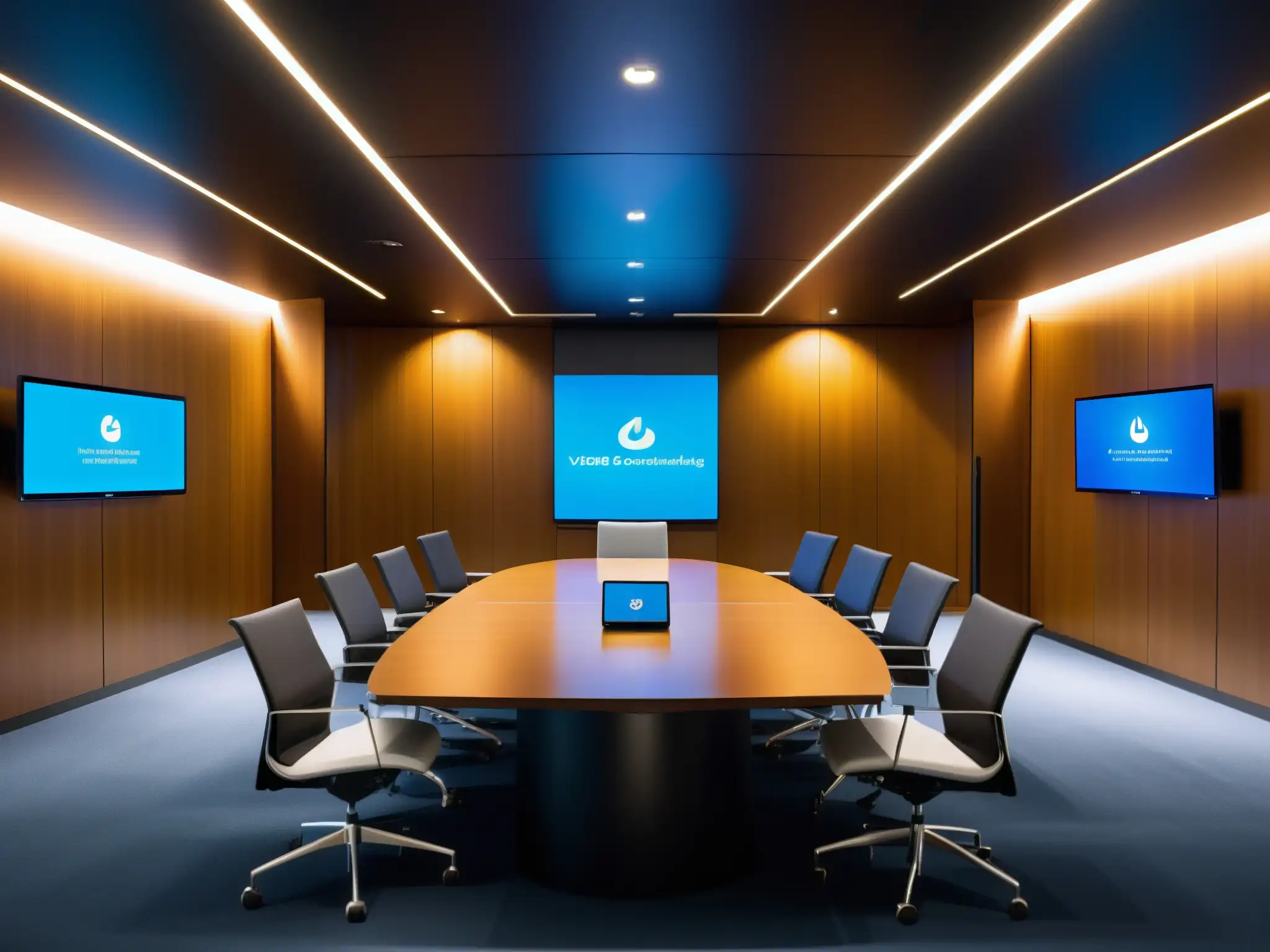 Salón de videoconferencias futurista y sostenible Una sala de videoconferencias futurista con diseño minimalista y tecnología avanzada, destacando la eficiencia energética en videoconferencias