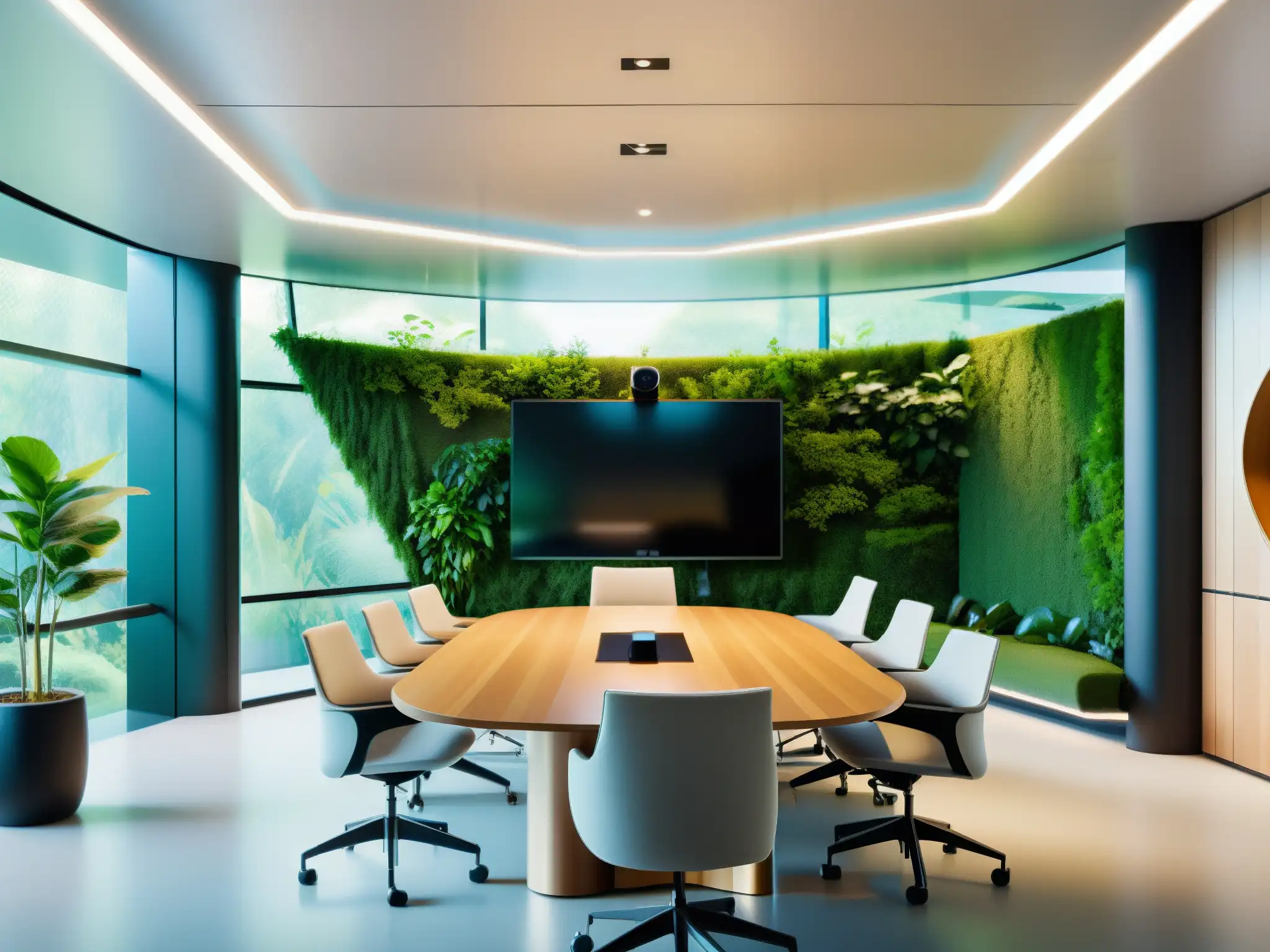 Sala de videoconferencias ecofuturista y sostenible con IA Una sala de videoconferencias futurista y ecológica, con tecnología AI y diseño sostenible