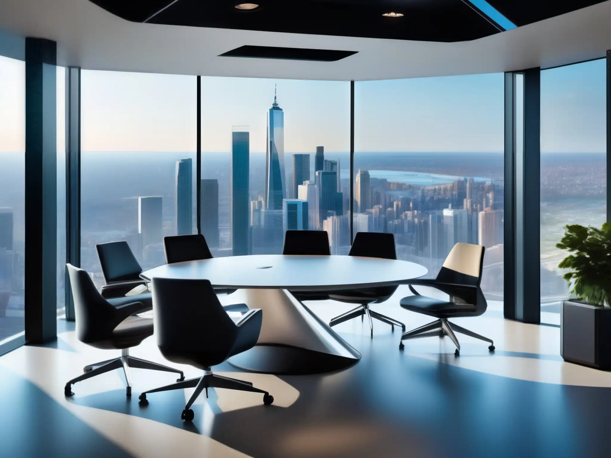 Sala de videoconferencias futurista con vista panorámica Una sala de videoconferencias futurista y elegante con equipos de última generación y una vista panorámica de la ciudad
