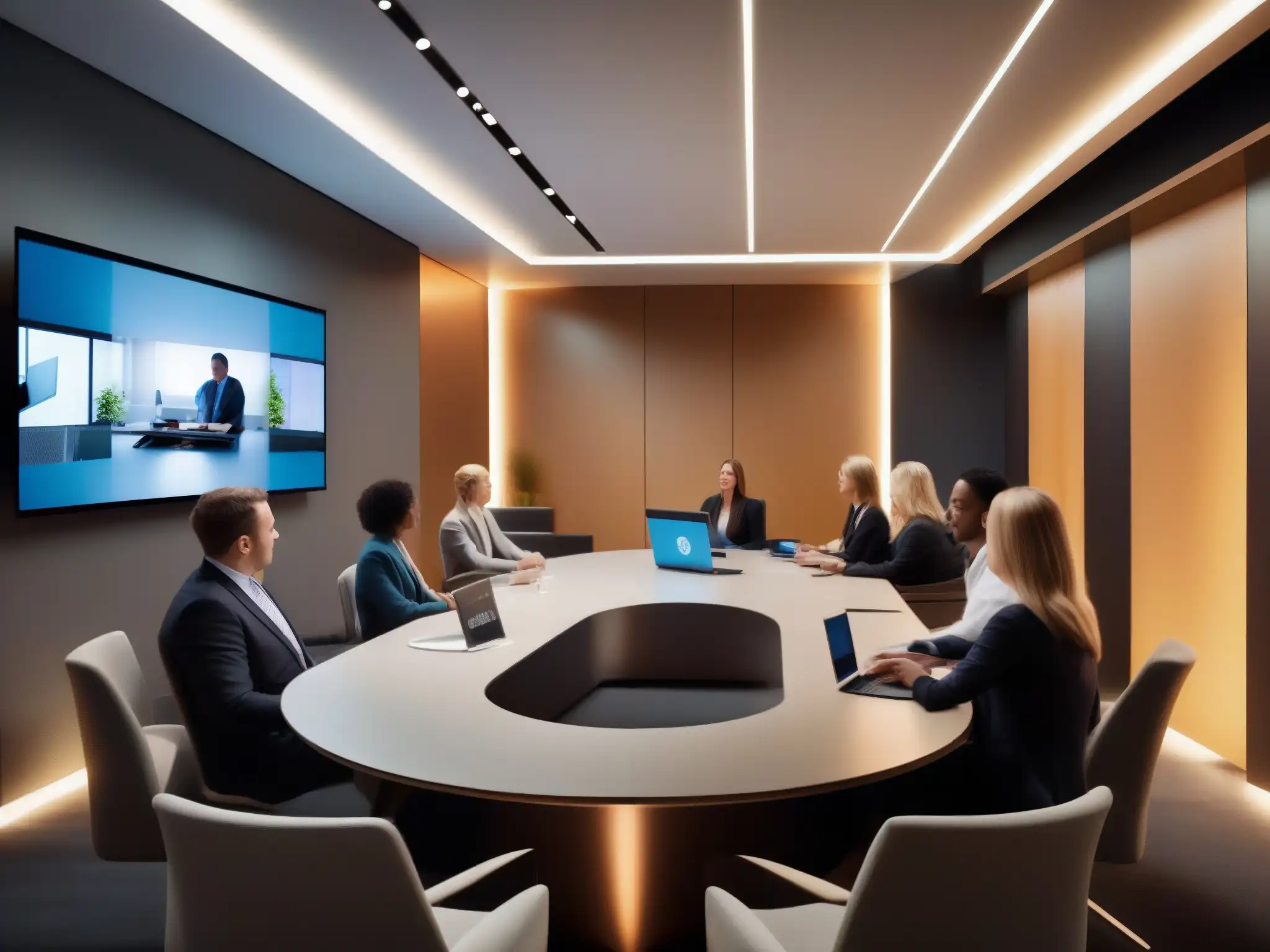 Sala de videoconferencias futurista y dinámica con profesionales Una sala de videoconferencias futurista y elegante con profesionales dinámicos, exudando profesionalismo y tecnología