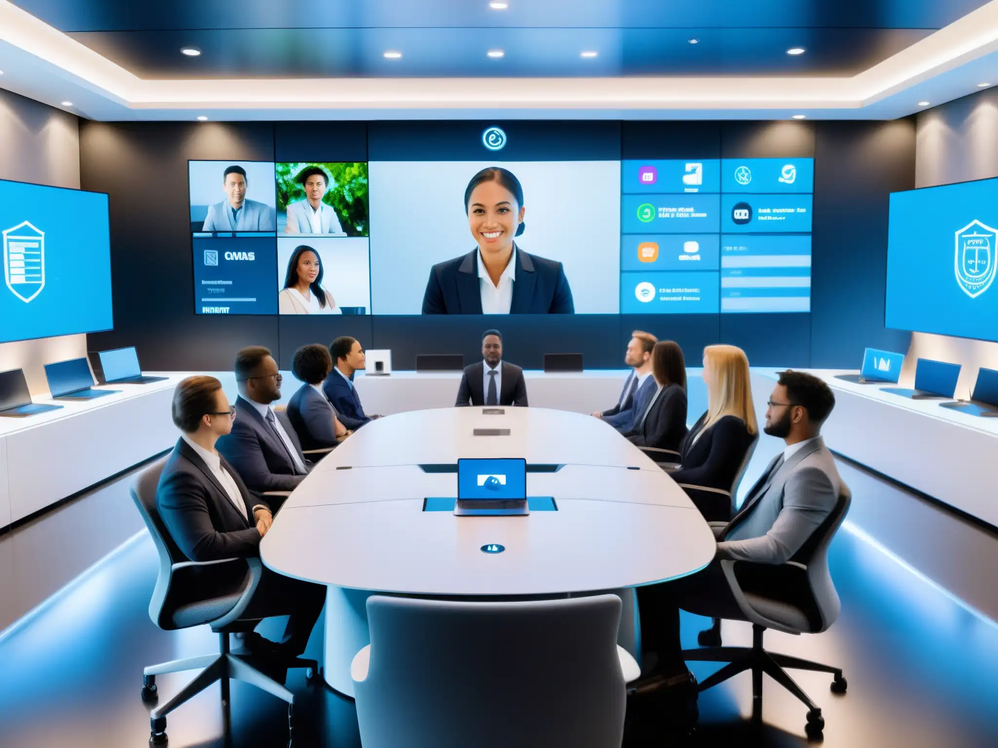 Salas de conferencia virtual seguras: Tecnología avanzada para la privacidad Una sala de videoconferencias futurista con elementos de seguridad y privacidad, uniendo profesionales y estudiantes en una reunión virtual segura