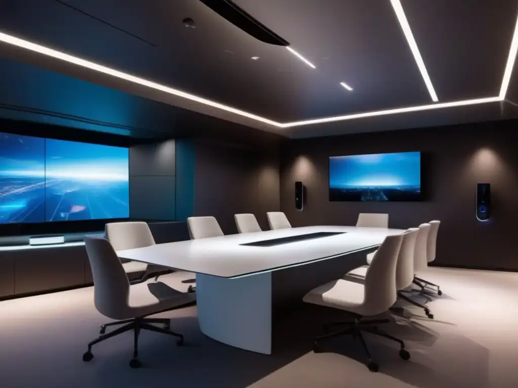 Sala de videoconferencias futurista con tecnología 5G Una sala de videoconferencias futurista con tecnología 5G, que ofrece beneficios en seguridad y comunicación fluida