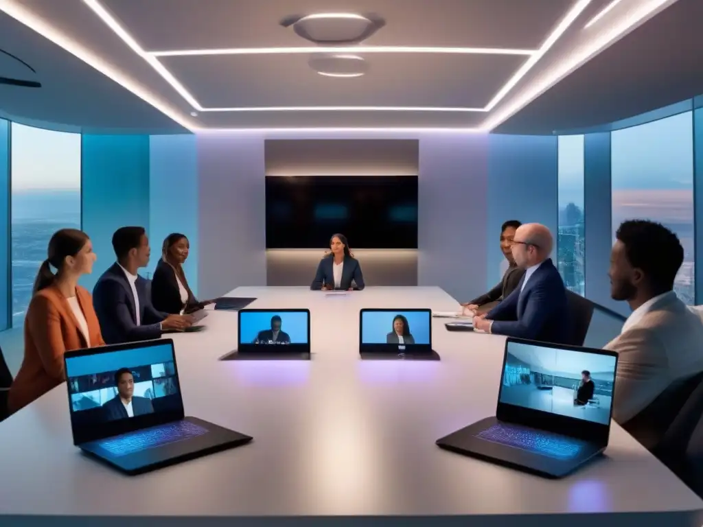 Conferencia futurista con IA: calidad y tecnología de vanguardia Una sala de videoconferencias futurista con iluminación suave y participantes inmersos en una discusión profesional