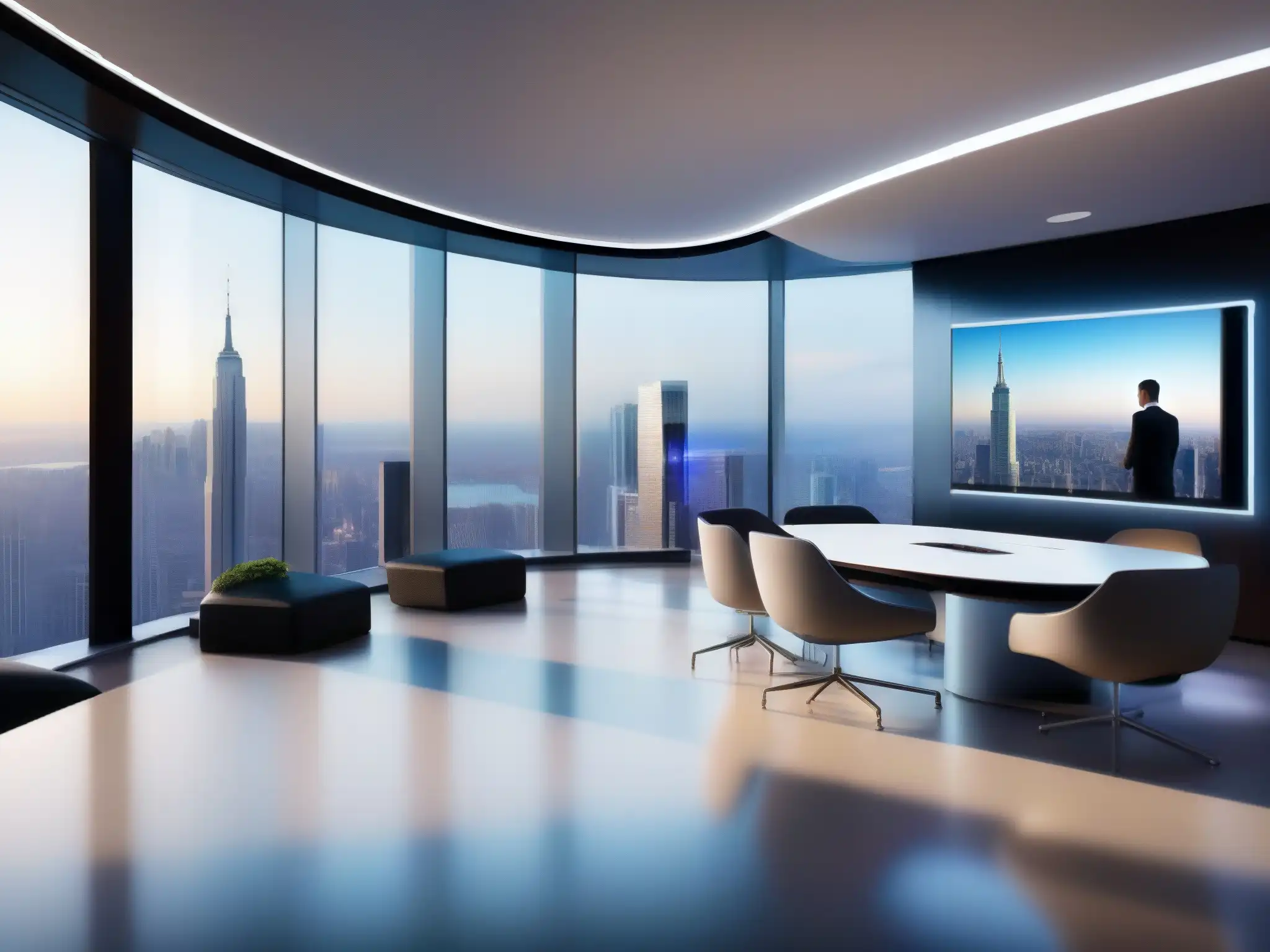 Salas de videoconferencia futuristas con IA y vistas panorámicas Una sala de videoconferencias futurista con impacto de la IA, iluminada por luz natural, con vista panorámica a la ciudad