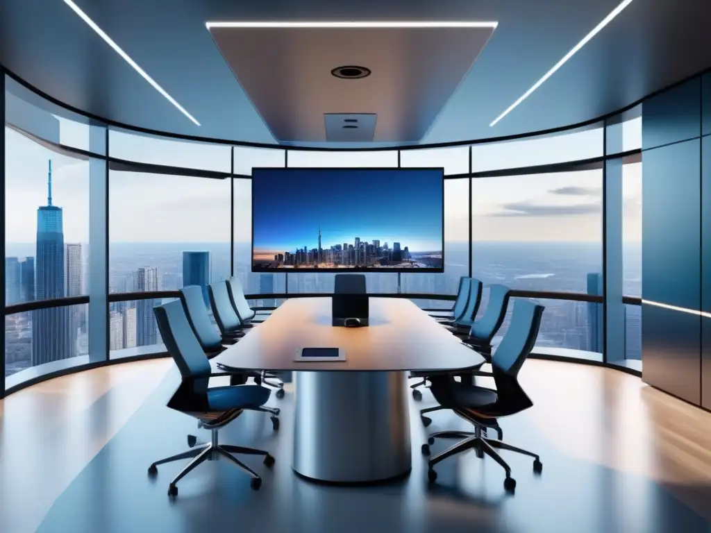 Salón de videoconferencias futurista y minimalista en 8k Una sala de videoconferencias futurista y minimalista con equipamiento de alta tecnología y vistas a la ciudad