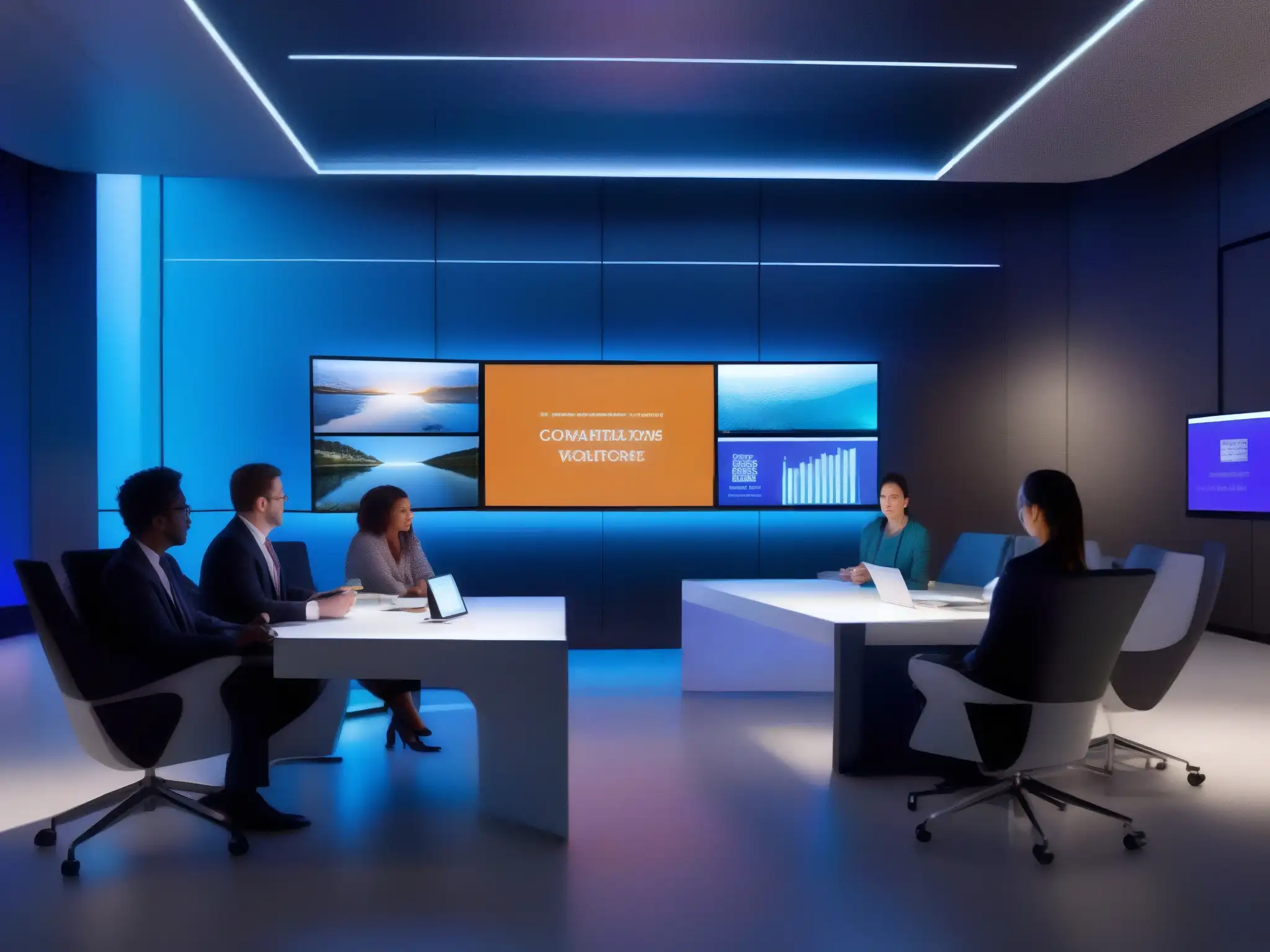 Sala de videoconferencias futurista con análisis de datos avanzados Una sala de videoconferencias futurista con mobiliario moderno, pantallas de alta tecnología y herramientas avanzadas de análisis de datos